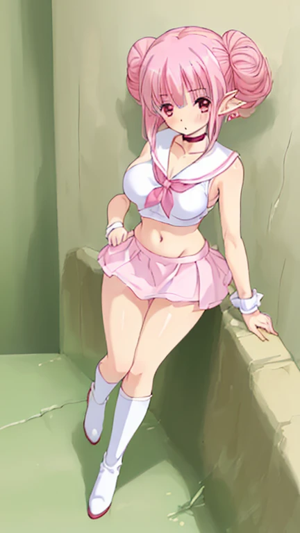 score_9, score_8_up, score_7_up, source_anime, simple dark background,
1girl, cute girl, japanese girl, (pink_hair:1.4), (pigtails hair with bangs), smile, brown eyes, cute eyes, eyelashes, looking away, (topless:0.8), school_uniform, (sailor_collar:1.5), (sleeveless), (microskirt:1.38), (miniskirt:1.38), swooping breasts, sagging breasts, hard nipples, (erect nipples:1.4), (long nipples), navel, narrow waist, armpits, arms behind head, high socks, loafers, (standing:1.5), pussy, (hairy:1.2), (steaming:1.2), (oiled:1.2), from side, 