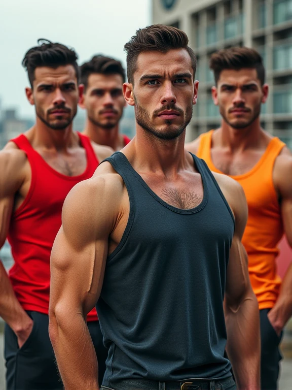 looking at viewer, smile, short hair, brown hair, navel, nipples, male focus, multiple boys, shorts, pants, indoors, window, muscular, facial hair, black pants, abs, from below, 3boys, tank top, pectorals, muscular male, bara, beard, large pectorals, bulge, topless male, realistic, manly, chest hair