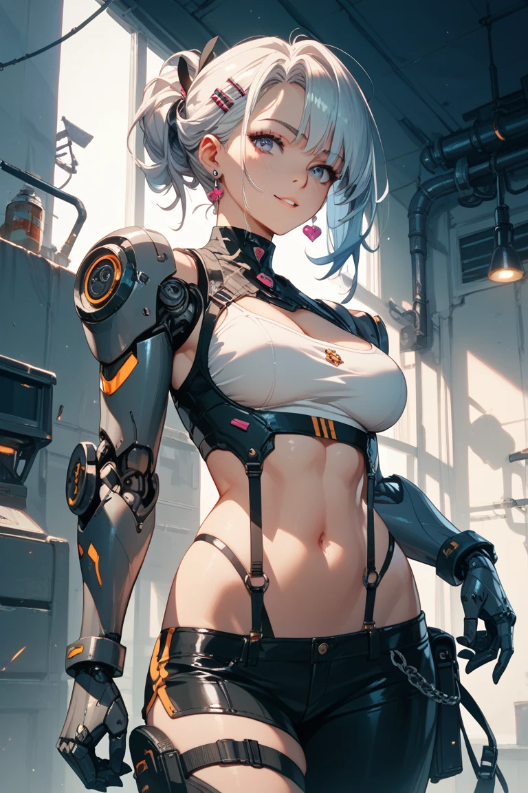 (cyborg girl),(cyborg girl:1.5),maid android,((1girl)),((mechanical robot girl with extremely cute and beautiful pale blue hair)),
(large breasts:1.4),saggy breasts,(((pale blue bob hair:1.35,colored inner hair,short hair,ear breathing))),(((doll))),((pale white skin,doll joints:1.5,mechanical hands:1.5)),((silver armored dress,tesla coils)),((maid mechanical doll:1.5,body of a machine:1.5,metallic skin,ball joint,cyborg:1.5, robotic parts:1.5,robot:1.5,mechanical joints: 1.4,mechanical limbs)),(((pale_blue_eyes:1.3))),intricate eyes,beautiful detailed eyes,symmetrical eyes,((fat)),(((lustrous skin:1.5,bright skin: 1.5,shiny skin,very shiny skin,shiny body,plastic glitter skin,exaggerated shiny skin,illuminated skin,wet legs))),(spider lower abdomen,narrow waist,wide hip,detailed body,(detailed face)),
cute,slutty,seductive,erotic,((nsfw)),
(maid headdress),bare_shoulders,delicate metal decorations,Headdress,(maid),sleeveless,miniskirt,boots,cleavage_cutout,bare_legs,((wet clothes,intricate outfit,intricate clothes,intricate details)),
(dynamic pose:1.0),embarrassed,(centered,scale to fit dimensions,Rule of thirds),
cyberpunk city by the ocean at night, with bright neon signs and dark stormy clouds and puddles, scenery:1.25,nighttime, starry night, cosmos,Very dark night that makes the neon lights stand out, very bright neon lights,nighttime, starry night, cosmos,,
artistic photography,(photography taken by sldr),highres, sharp focus,(ultra detailed, extremely detailed), (photorealistic artwork:1.37),(extremely detailed CG unity 8k wallpaper),((synthwave background theme)),(((vibrant colors))),intricate,(intricate background),(masterpiece),(best quality),perfect rendered face,perfect face details,realistic face,photo realistic,analog style,((intricate detail)),(((realism))),
