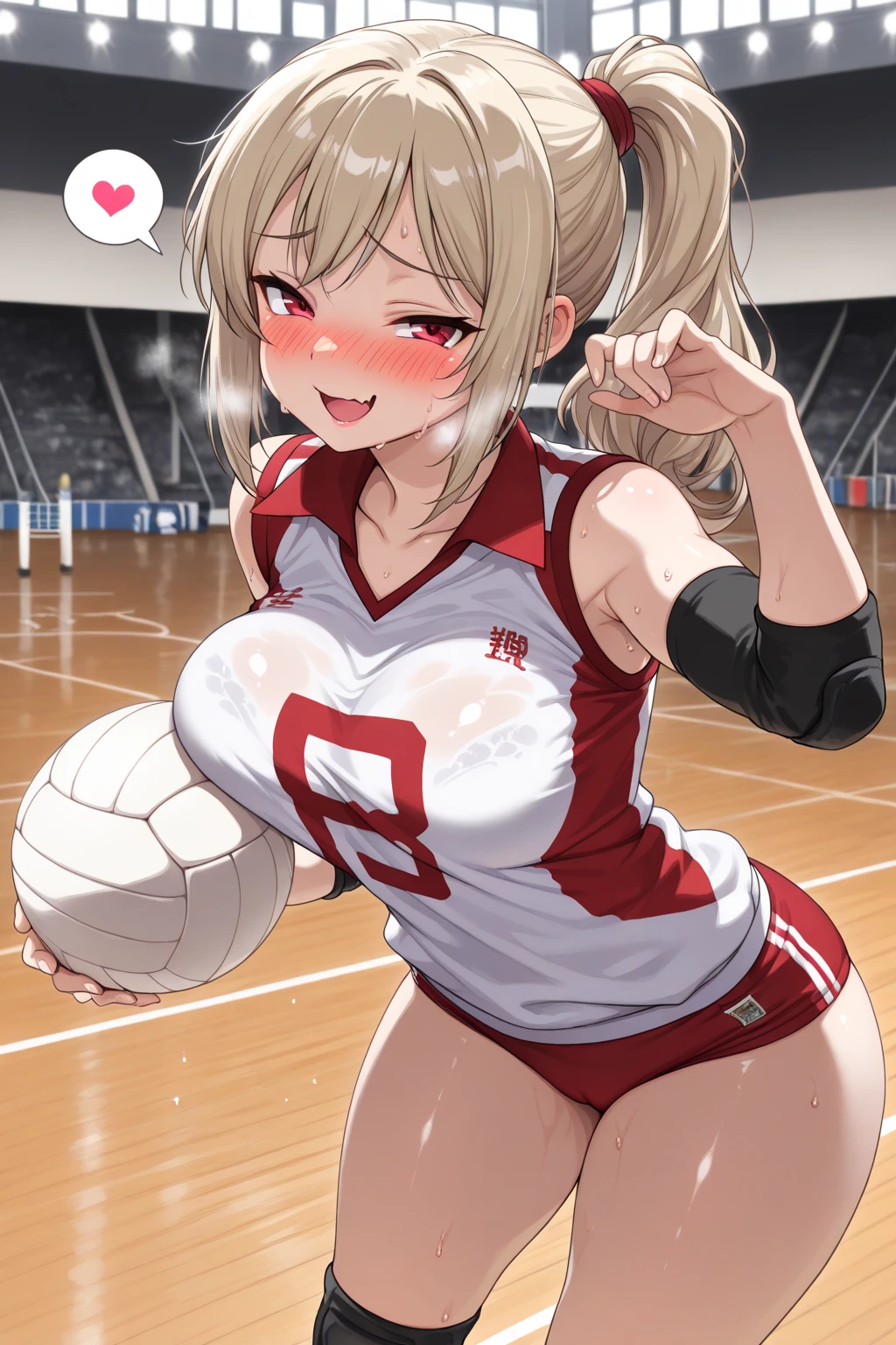unity 8k wallpaper, anatomically correct, (((masterpiece))), (((best quality))), (((ultra detailed))), (((high-resolution))), ((super fine illustration)), ((Ultimate cutie)), ((perfect hands)), ((perfect finger)), (((good anatomy))), detailed beautiful face, shiny hair, (((gyaru))), (potbelly), (curvy), medium breasts, ((Thick thighs)), (((solo))), ((seductive smile)), (((blush))), ((half open mouth)),
BREAK, (((sit astride the spherical shape 6-inch volleyball))), (((straddling on the spherical shape 6-inch volleyball))), (((Put crotch right the spherical shape 6-inch volleyball))),
BREAK, (((Rub the spherical shape 6-inch volleyball against crotch)))),
BREAK, (Collared volleyball uniforms), sleeveless, ((buruma)), ((kneepad)), (elbow pad), (((sweat))), (((covered in sweat))), ((deep breathing)), in Volleyball Court, indoor, lighting, looking at viewer, full body, (spoken heart)