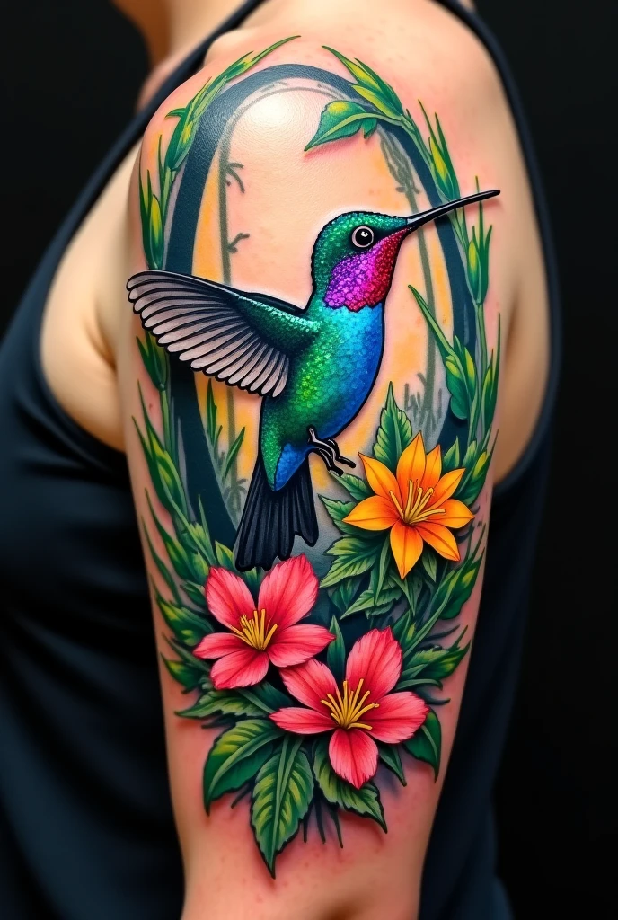In this tattoo design, Creating a surreal creature that combines the characteristics of a hummingbird, Snake, andサボテン, It features intricate details such as iridescent feathers., Bright green scales and spines, and、Delicate flowers bloom from the creature's spiny body., Against a dark and gloomy background with sunset hues, Create captivating and unforgettable images.