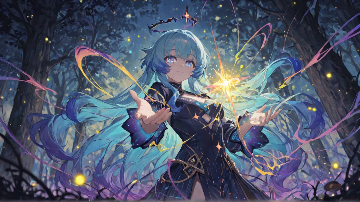 (highest quality、masterpiece、High resolution、become familiar with)、(shining eyes、become familiar with美しい顔)、(1 girl), long hair, bright hair color, enchanting eyes, mysterious expression, Adult-like atmosphere, attractive dress, flowing dress, elegant jewelry, intricate decoration, magic symbol, glowing accessories, Part one, scroll, cute accent, (playing the flute), ribbon, flowers,beautiful anime、Artistic、(shape)、(Iridescent notes、stave)