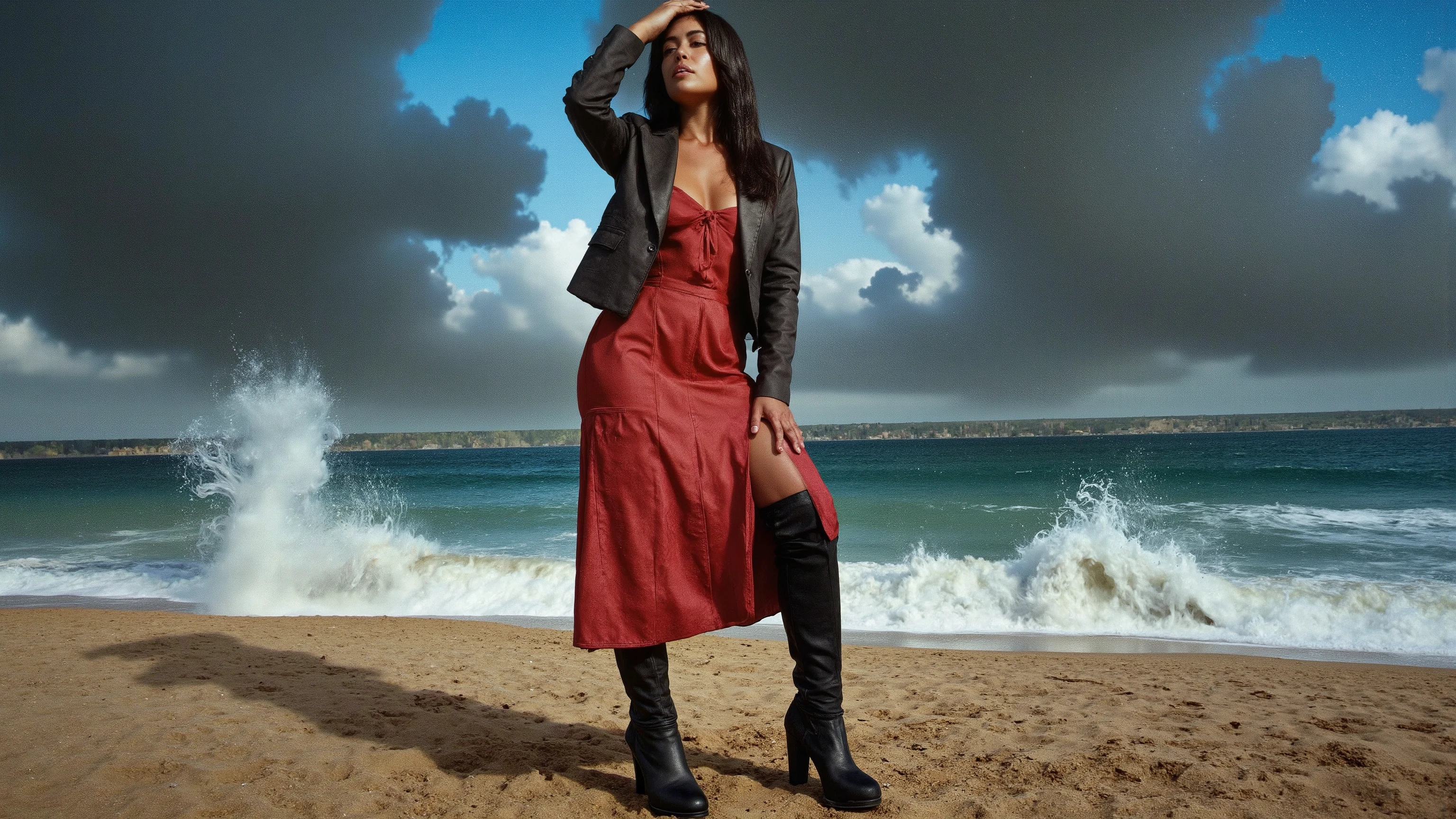 Prompt: A captivating, fantasy portrait of a confident woman standing tall in the rain, exuding an enigmatic aura. She dons a black leather jacket, a red dress, and high black boots, with dark eyes and flowing loose black hair cascading down the left side of the canvas ink splash art piece featuring a strong female figure clad in a fiery red dress and a black hooded leather jacket. The contours of her face and body are boldly defined by expressive, sharply etched strokes, creating a striking contrast to her vibrant attire. The background is a whirlwind of turbulent energy, with a stormy sky and sea displaying stark lines and vivid hues. Waves crash dramatically against the shore, and the woman stands unwavering, embodying resilience, determination, and inner strength amidst the chaotic environment, ukiyo-e, dark fantasy, cinematic, poster, painting, photo, architecture, product, wildlife photography, typography, 3d render, illustration, vibrant, anime, conceptual art, graffiti, fashion, portrait photography