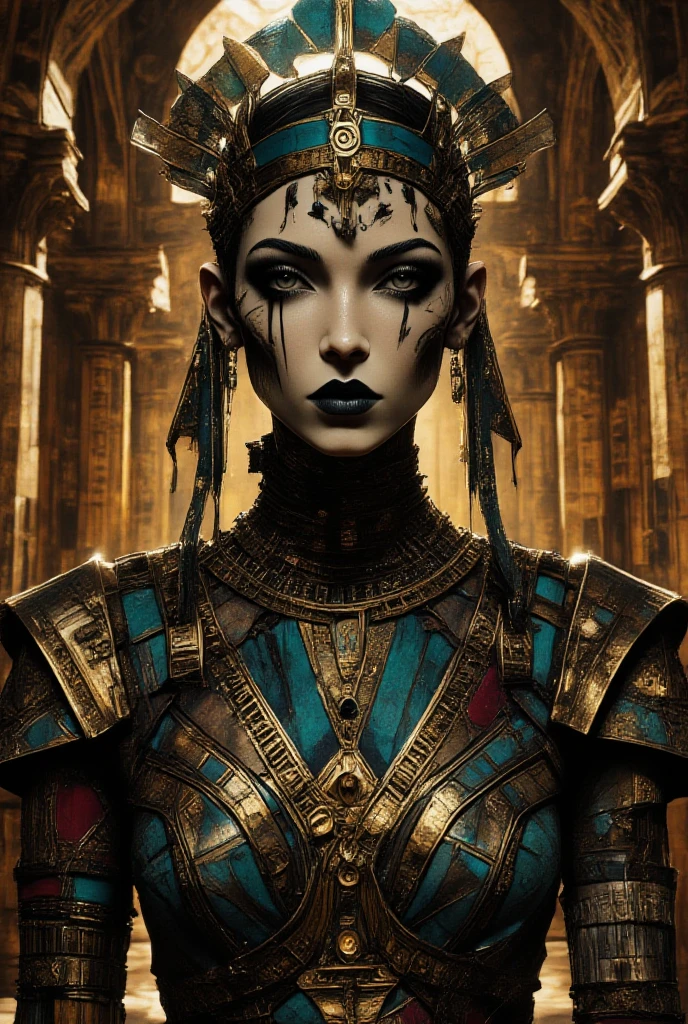 woman armed with metal body and gold headdress and necklace, 2 0 2 1 cinematic 4k framegrab, hastur the king in yellow, nicole aniston portrait, digital avedon, by george manson, ironpunk, neill blomkamp, portrait featured on unsplash, ( ( ( ( ( warhammer 4 0 k, each face accurately defines --auto --s2