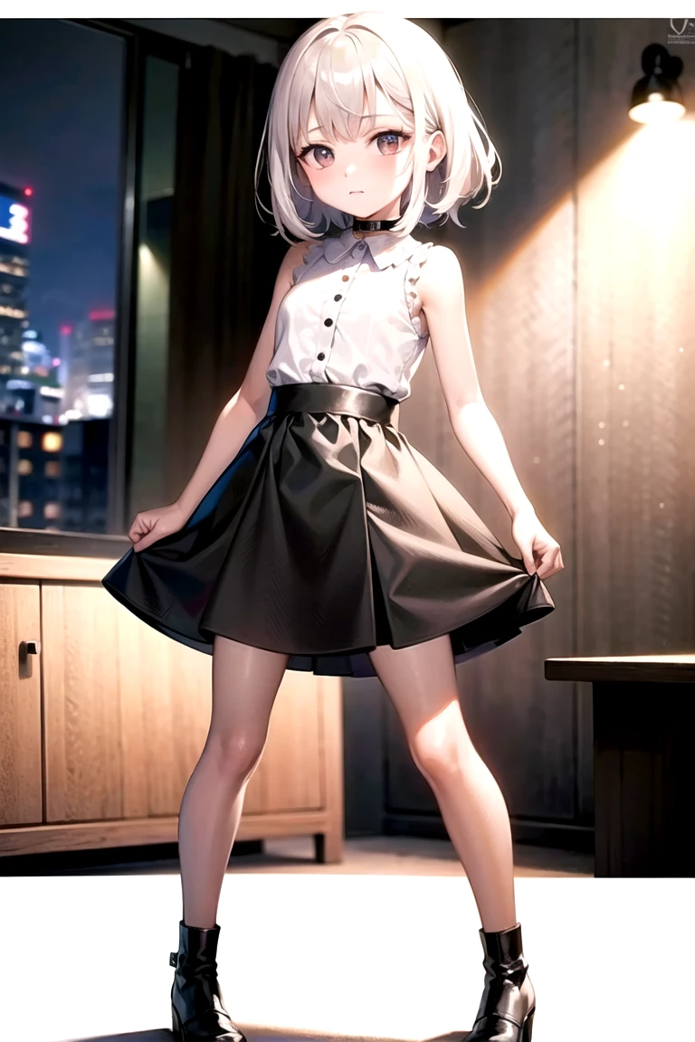 best quality, ultra high res, 1girl, sleeveless white button shirt, black skirt, black choker, cute, (Kpop idol), (aegyo sal:1), (platinum blonde hair:1), ((puffy eyes)), looking at viewer, full body, facing front