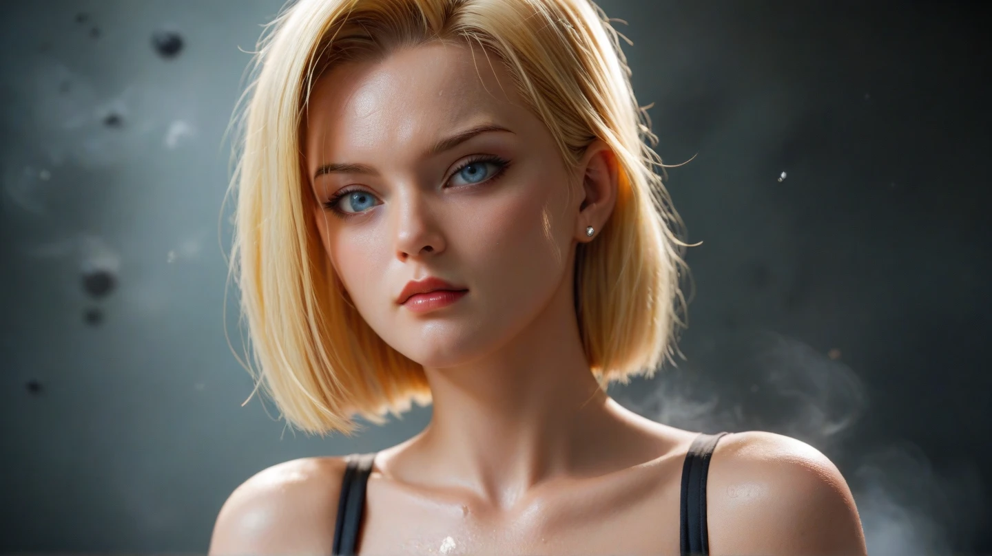 sexaroid,Android18,blonde short hair,ring earrings,light blue eyes,cool beauty,squat down on your knees,(turn one's face up),narrow your eyes,(open your mouth:1.5),turn to the viewer,(((look directly above the face))),(((White short-sleeved T-shirt,skinny denim))),pearl necklace,blank background,close up of face、
