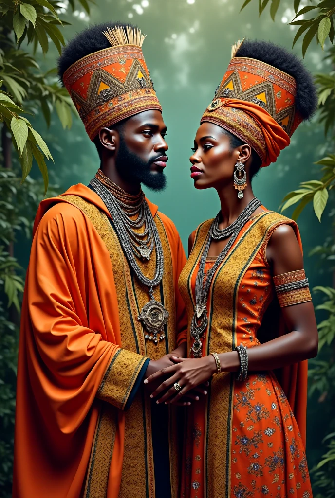 African man dressed in a white tunic and purple sparkles with African necklaces and a purple crown with silver bracelets accompanied by an African woman in a brown dress with colors and an amber turban with copper necklaces and bracelets