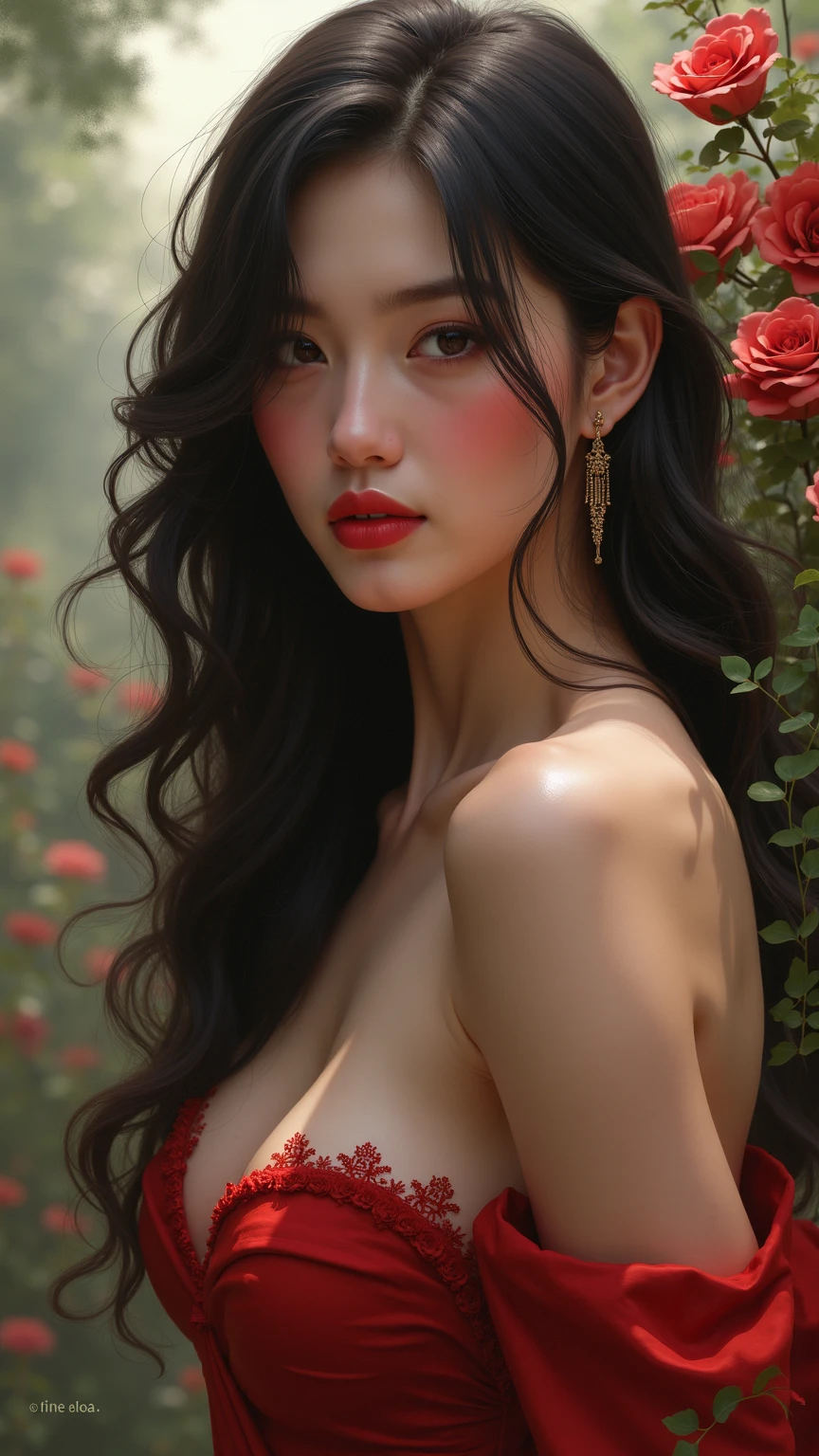 (((masterpiece))),((highest quality)),one beautiful japanese girl,pale, (A character who personifies a rose: 1.5), (Her hair is a thorny rose stem:1.5)、(big breasts:1.5)、(belly button)、(clothes made from rose leaves:1.5)),(private server), (exposure of skin),(The background is a garden:1.5).(((from the front:1.5)))、(straight front: 1.5)、(Thorny rose stems wrap around the body:1.5)、Lie:1.5)、