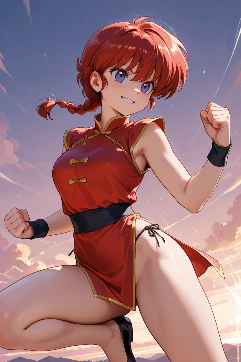 ranma-chan, 1girl, solo, looking at viewer, blue eyes, simple background, thighhighs, long sleeves, white background, underwear, braid, red hair, black thighhighs, black footwear, single braid, chinese clothes, pantyshot, braided ponytail, fighting stance, kicking, tangzhuang