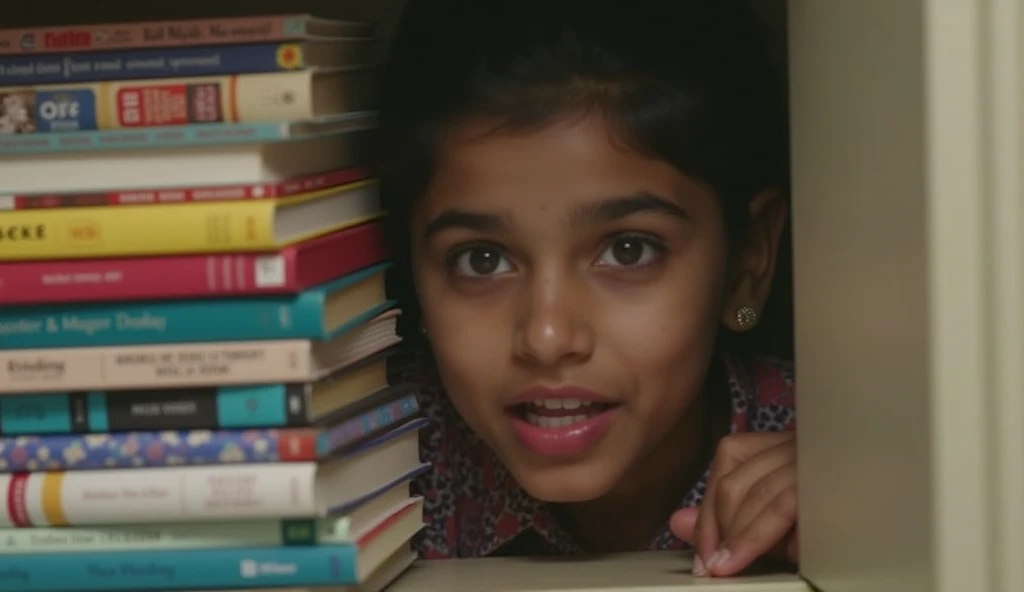 New Jersey, 1997. A little ((((10-year-old)) Prachi Gupta)), sitting cross-legged, reading a book, ((((clothings from the 1990s)))), ((hairstyle of the 1990s)), colorful