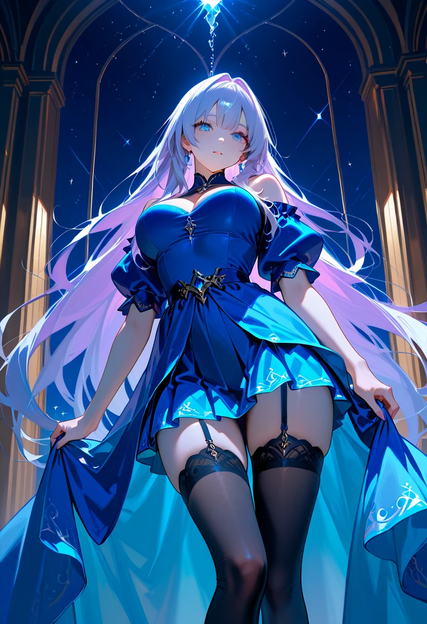 ((masterpiece:1.4,best quality)),(Super detailed),(Extremely detailed eyes),(Shiny socks:1.5),Hello Darkness
(Cute girls),15 years old,(Blood-red pupils,Diamond-shaped pupil:1.15),Purple Eyeshadow,(elongated hair,Thick hair,Single ponytail,shiny hair:1.5)(Changes through:1.2),despair,sad,Empty eyes,tears streaming down my face,tilting its head to the side,
(She wore a blue dress,:1.5),(Black gloves:1.4)Very long plush sleeves,White,White Cloud,Dream bubbles ,Ice and glitter effects
(Black long skirt:1.1),
((Starry Sky:1.2)),
(Intense black and white:1.16),(Depth of Field:1.4),,Intricate details,(((Detailed background,Castle in the Sky,Purple flowers by the lake))),(((Huge breasts,Bare breasts,Deep cleavage,White stiletto high heels,Transparent clothes)))