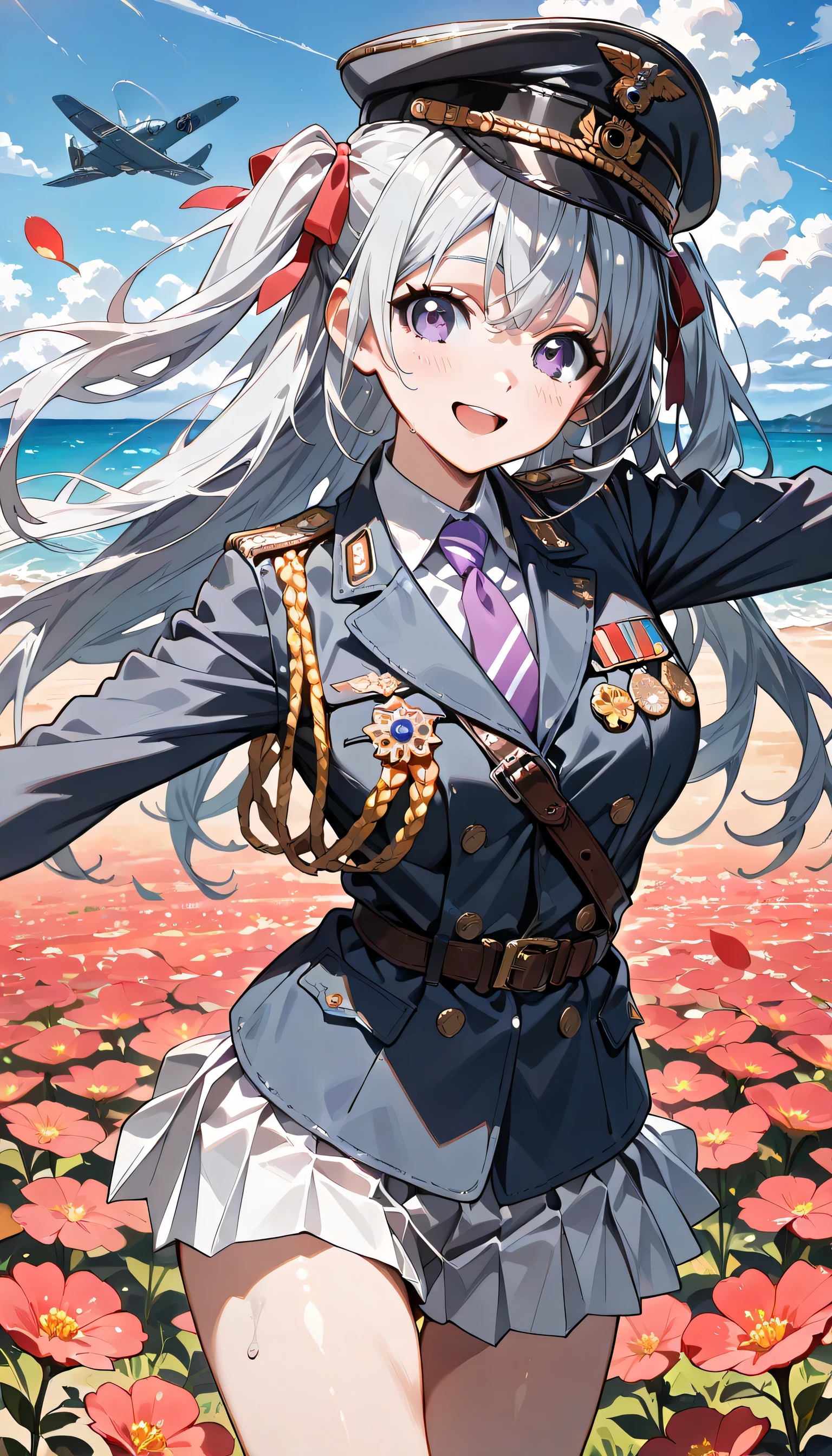 ((ultra-detailed)), (highly detailed CG illustration), (best quality:1.2), ultra-highly detailed, colorful composition, artistic photoshoot, 1girl, solo focus, ((thigh to top:1.4)), ((cowboy shot:1.4)), moe anime character, girl, dainty facial structure, (baby face), (round face), ((rounded chin:1.2)), ((ideal ratio body proportions)), (blue eyes), sparkle eyes, ((Moist eyes:1.3)), (silver hair color), (long hair), (two side up), ((fluttering hair)), ample breasts, ((red, black and white tricolor stripes hair ribbon:1.4)), ample breasts, ((french air force light blue uniform with gold decoration during World War II)), ((white collar inner shirt)), ((french military kepi hat with light blue World War II:1.4)), ((pale purple tie:1.4)), ((legion of honor medal on breast with red ribbon:1.4)), ((sam brown belt with shoulder strap:1.4)), ((smile:1.2)), ((cry with joy:1.3)), ((shedding tears:1.3)), ((blush:1.3)), ((open mouth:1.2)), ((spread arms:1.3)), ((looking viewer)), ((spoken Heart)), ((Beautiful field with red flowers blooming:1.4)), ((red petals are dancing in the wind:1.3)), ((horizon:1.3)), ((beautiful detailed sky:1.4)), dynamic pose, contrapposto pose, best quality, masterpiece, from front, expecting, pink cheek, blush, light pink gloss slip, portrait, depth of field, soft lighting, sidelighting, (shine), lighting, caustics, ray tracing, perfect face, lustrous skin, highly detailed face, highly detailed eyes, perfect face, perfect nose, perfect hair, perfect eyes, perfect anatomy, beautiful hair, beautiful small face, extremely detailed face, beautiful detailed eyes, beautiful clavicle, beautiful body, beautiful huge breasts, leavage, breasts squeezed together, equalize the size of the left and right breasts, beautiful thin thighs, beautiful legs, beautiful fingers, 4 fingers, 1 thumb, lovely, (very detailed background:1.0), (highly detailed background:1.0), spring aesthetic, intricate details, tight atmosphere, spring colors palette, chromatic aberration