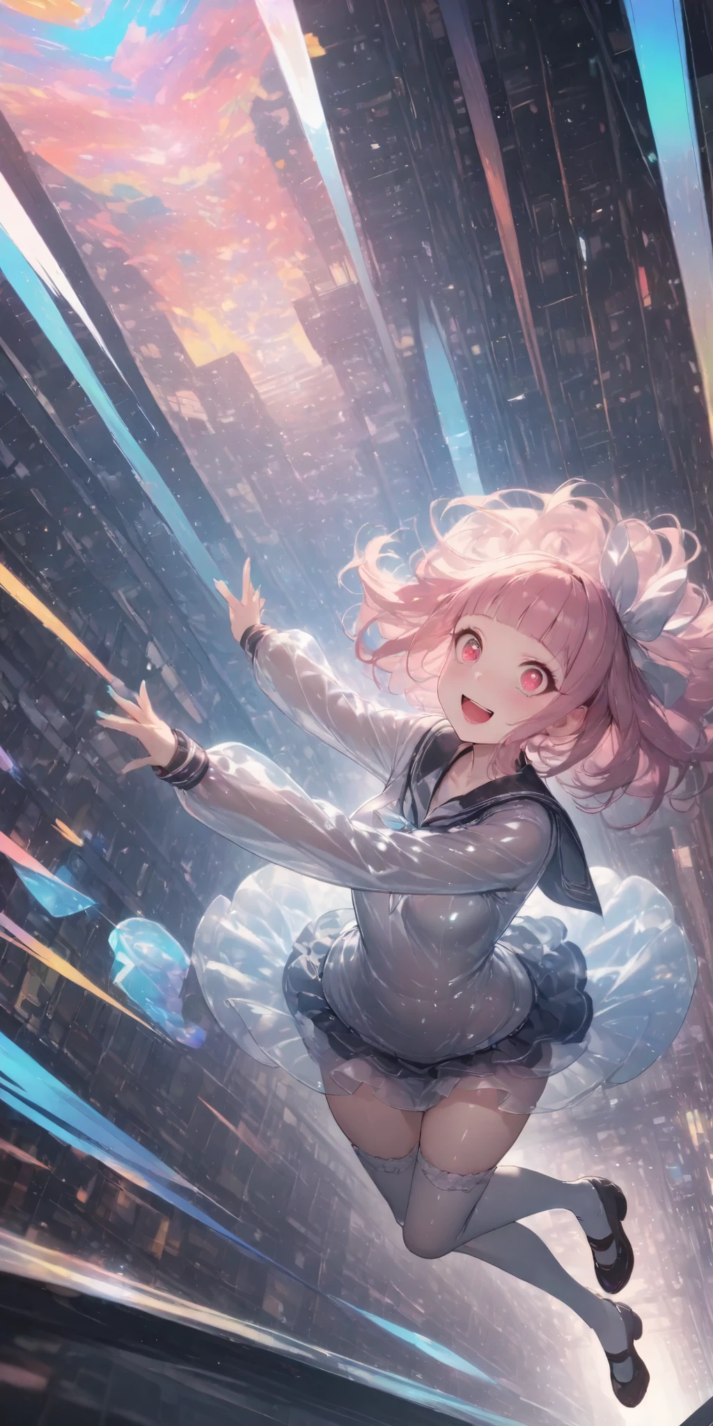 best quality, ultra detailed, insanely detailed, schoolgirl, (dynamic angle:1.2),delightful, blissful, intelligent, proud, flushed, dancing, looking at viewer, semi long, shiny hair, pink hair, with heart-shaped irises, with irises, with heart-shaped eyes, with crazy eyes, pale skin, fair skin, detailed face, pale skin, slender, glamorous, beautiful breasts, toned body, beautiful ass, sailor uniform, school swimsuit, gothic lolita, thighhighs, ribbon, nail polish, japanese idol, japanese, in the city, in the school, in the train station, with a chair, at noon, with a thunderstorm, full body shot, on right, front view, from above, dynamic angle, wide view, intense wide shot, colorful lighting, instax, fish-eye lens, slow shutter speed, in focus with blurred background, blunt bangs, straight hair, laughing, front view, cowboy shot, S curve composition, lens flare, sunbeam, dynamic lighting, silver and azure, gold and silver