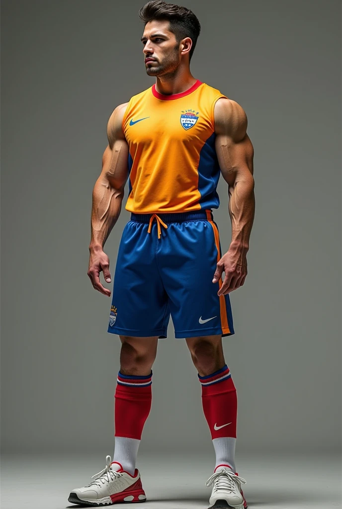 Football venues，sweat leggs，Photos during exercise，Football player costume，，Masculine，Exquisite facial features，virile，musculature，rich facial detail（The crotch is raised）full bodyesbian
