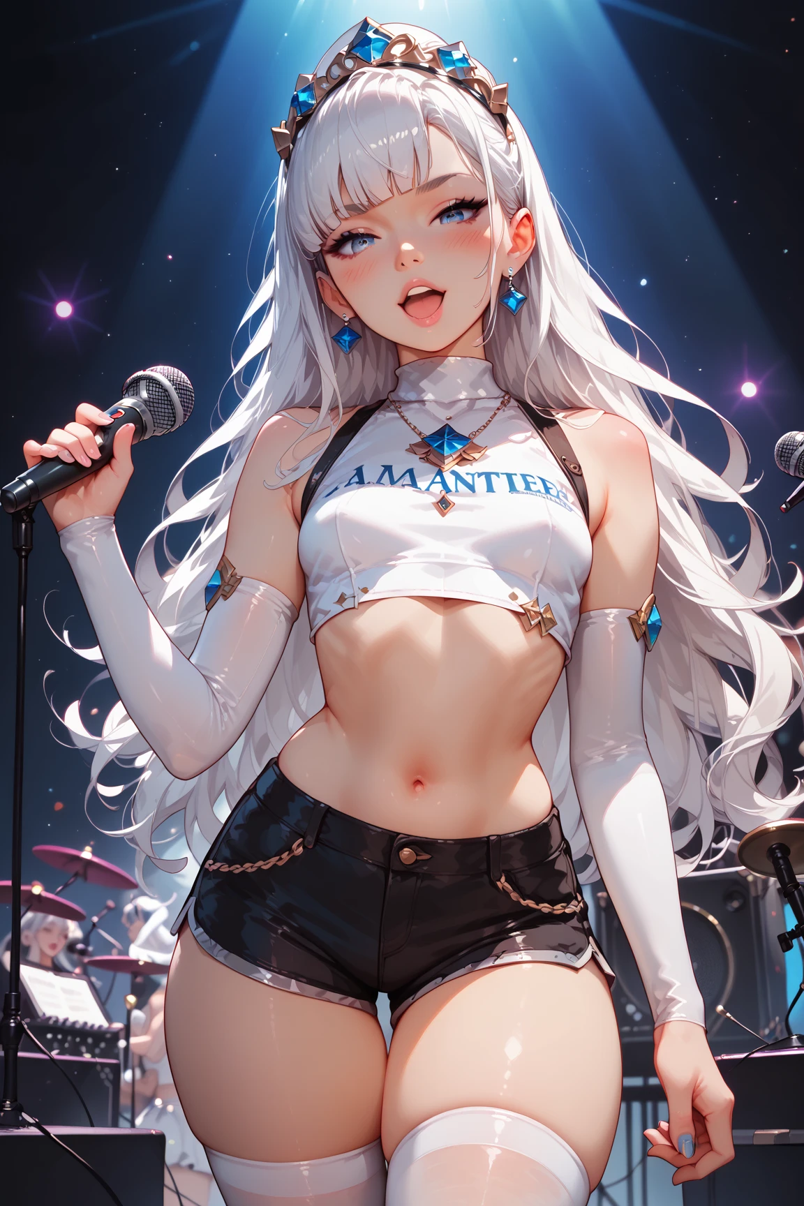 Idol singer, singing in the stadium, many lights, best quality, realistic 1.2, 1 girl, 1 music band, gray hair, detailed upper of body,