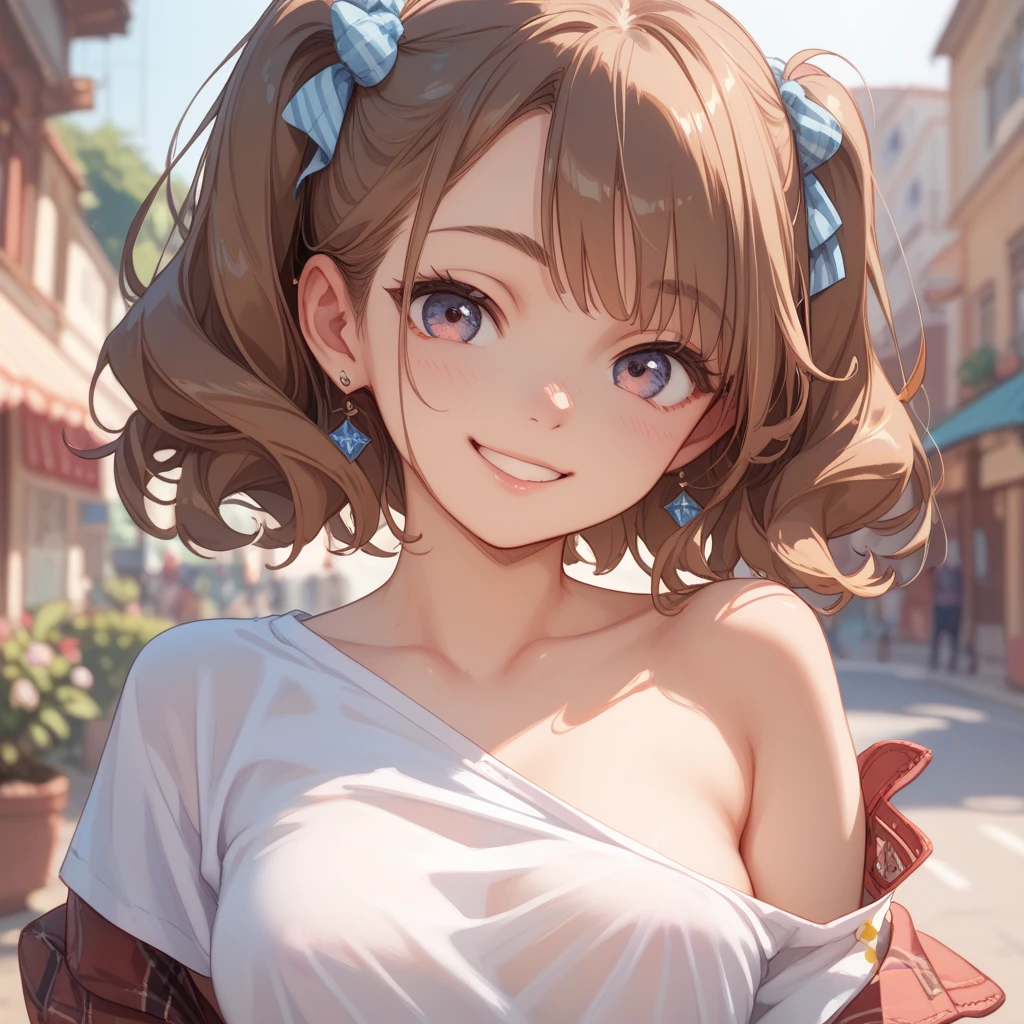 college woman; Strikingly attractive; Long, dark brown hair; blue eyes; Slender figure with large bust; smirking; standing in front of a busy college campus; best quality; soft blur background; trending on artstation; complex volumetric lighting; strong shadows; artistic lighting; dynamic; energetic vibe; realistic skin; specular highlights; micro-textures; highly detailed hair; contour drawing; wearing stylish smart casual