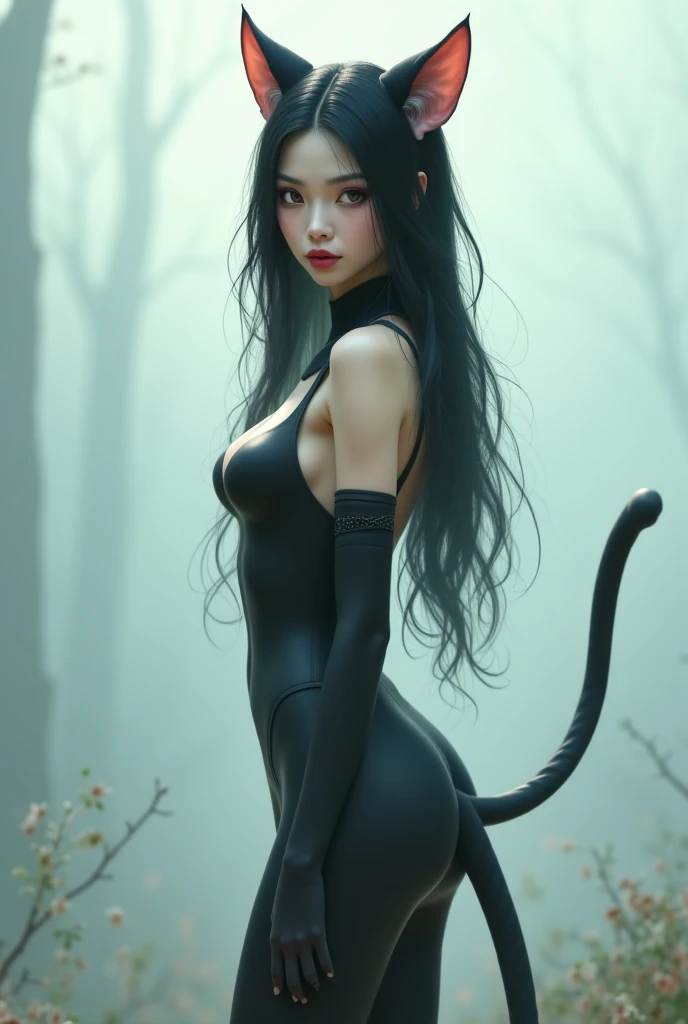 Asian woman in hot pants posing as a cat