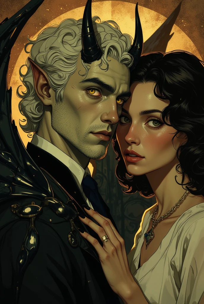 Casal jovem vampiro, faces jovens, jovem vampiro com cabelo branco segundo uma jovem mulher, metade do corpo, atraente, rosto mais perfeito, design de olhos profissional, Pintura digital, quarto escuro no fundo, fantasia, detalhes intrincados, actual configuration, Face card, ao estilo de Ellen Gallagher, Abigail Larson e Anton Pieck