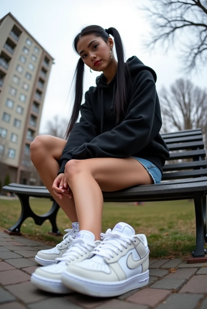 A woman within her early 30s is sat within a field reading a book.She has wavy black hair and pale skin. She is wearing a turtleneck sweater with a unziped jacket and shorts with sneakers.