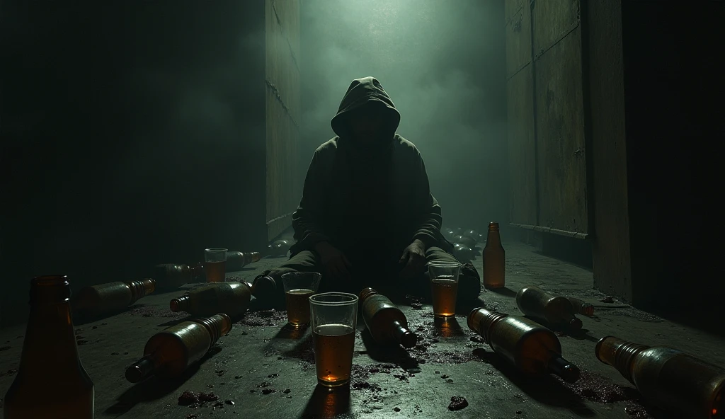 The same man, now drinking alcohol again, with a shadow of judgment day looming over him.