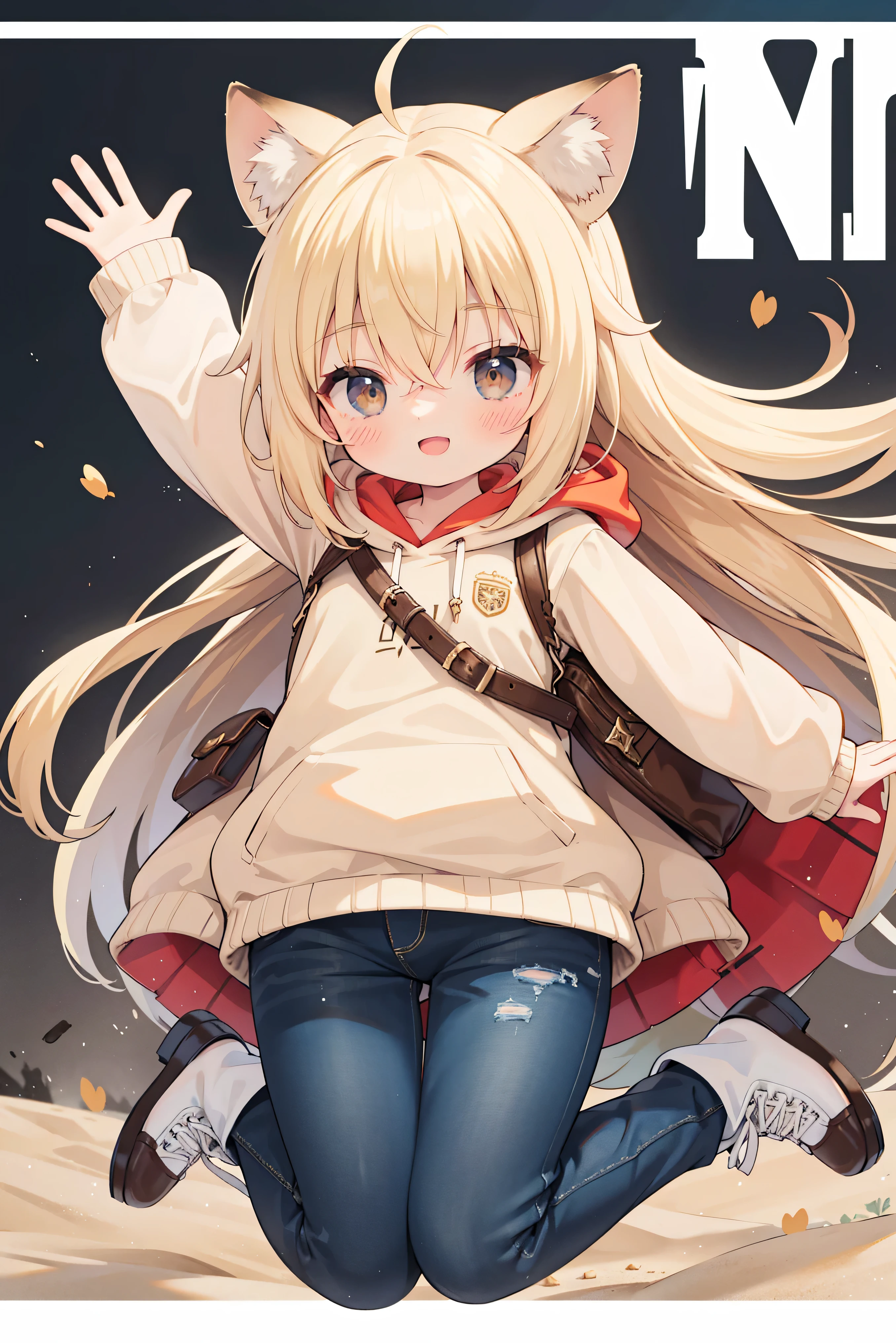 extremely DetailD的 CG unifieD 8k wallpapers, very nice 8kcg-wallpaper ,， Best quality ，ultra - DetaileD ， nice face ， Meisterwerk、 Meisterwerk, erstklassig, 1 girl in, A girl jumps, Best quality , 1 girl in, ”} The explosion , allein, Start-up, einfarbiger, sand-colored giraffe hoodie,hood on the head,jeans, sneaker, smile,with an open mouth, smiles sweetly , looks at the viewer , arms stretcheD wiDe, , giraffe ears on hood , long blonDe hair ,  longer sleeves , Durch Pony,, brown eyes, :D, long BlonDe hair, hair between eyes ,Jump up from the ground,  narrow hips , angled legs 
