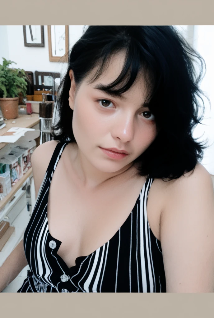 A frontal close up photo of an 25 years old woman with short black straight hair, side part Bob haircut without fringe, side parted hairstyle, black eyes small, upturned nose, slender body, small breasts, wearing a short sleeve yellow blouse with buttons on the front and thight blue jeans