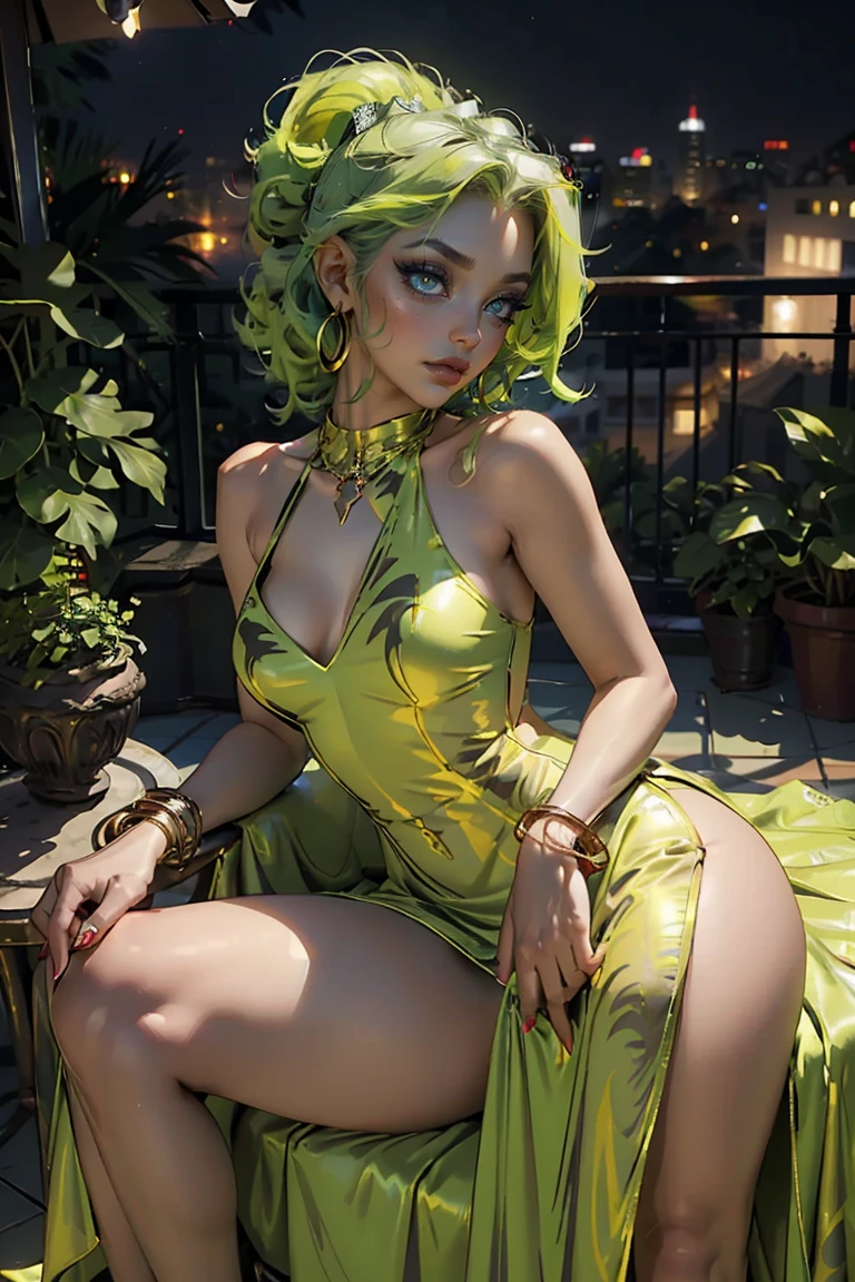 tatsumaki, small breasts, short green hair, green eyes, makeup, lipstick, (mole under mouth:0.8), eyelashes, 1girl, solo, green (microdress), (golden), (bodycon), fur, cleavage, navel, jentle smile, flat chest, (face focus), (o-ring:1.2), jewelry, necklace, waist cutout, belt, fishnet thighhighs, highheels, looking at viewer BREAK masterpiece, best quality, glowing skin, mature figure, voluptuous body, shiny skin, mature women, from the front, (chromatic aberration, intricate details), dynamic angle, 40K, HDR, highres,