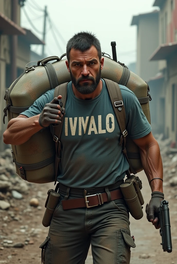 best quality，masterpiece，full-body shot，A man，A Nordic woman，mercenary，Perfect and well-developed muscles，Thick arms，Beard，short hair，temple，Foul Mouth，Large genitals，Very high nose，Orange Khaki Duckbill Hat，（Brown T-shirt），（Tactical bulletproof vest！），An orange cloth towel is wrapped around the neck，Wearing a tactical waistband around the waist，There are various tactical throwing objects hanging on it.，Military black tactical belt，Desert open toe gloves，Red camouflage tactical pants，Black leather knee pads，Black leather combat boots。（Note the color difference above！）
