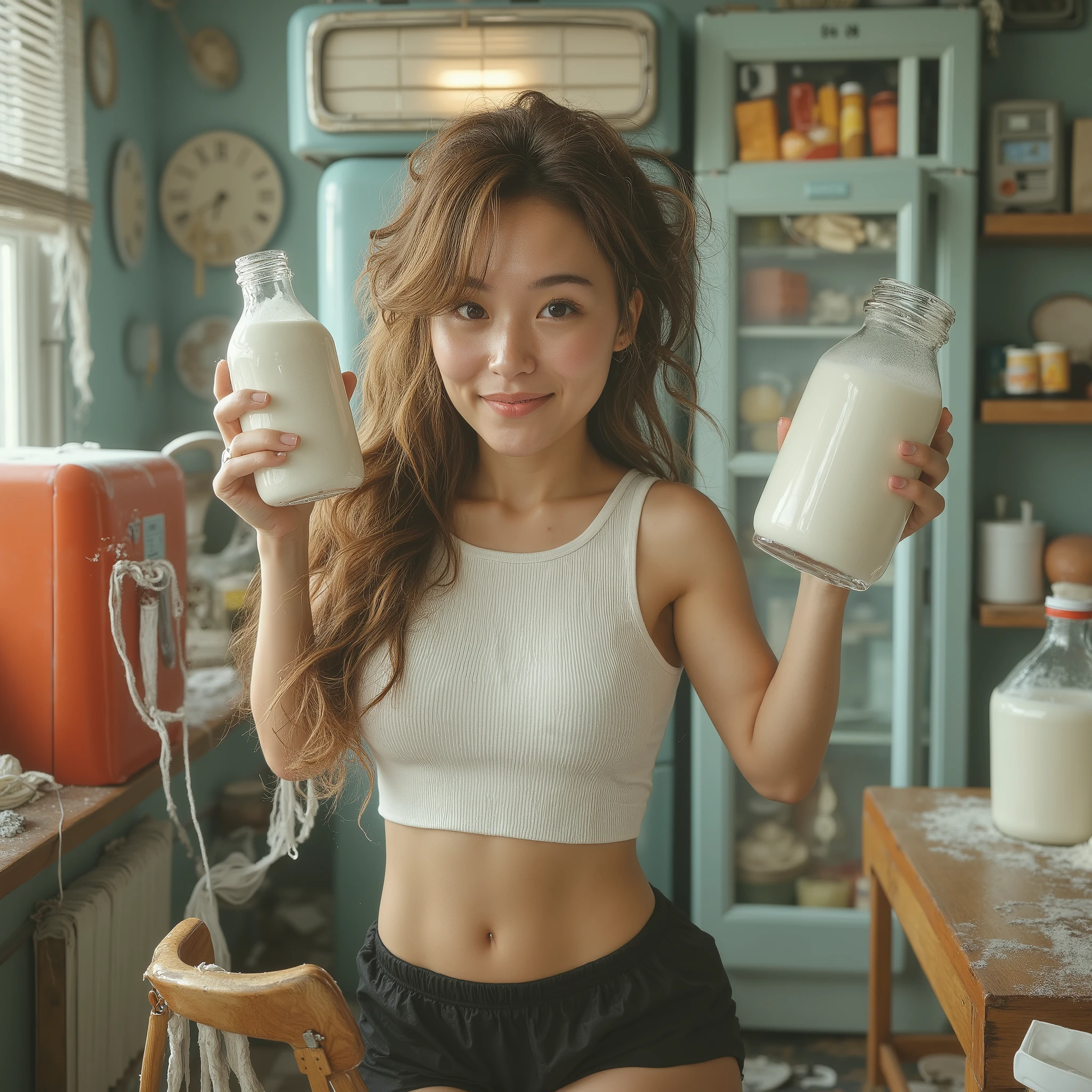 a proffesional photograph shot of Miss Universe Korean in the morning.messy_hair,shiny skin,The morning sun shines on her,She has milk in one hand, milk on her lips.Retro refrigerator behind her,she were white sleeveless, black dolphin short,white socks,extreme realism, real life, realistic image, high-quality lighting,16k UHD.aesthetic,analog film,(realistic face),realistic eyes,(realistic skin),ultra high res, ultra realistic, hightly detailed,golden ratio,Pastel tone.full body.