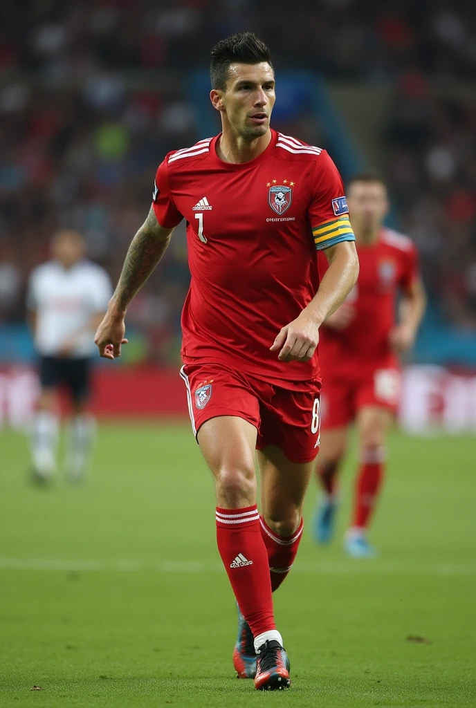 ((Best Quality)), Male soccer player in a red shirt singing the national anthem That only his face and half his body can be seen