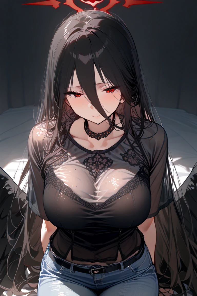 (SFW), (safe:1.10), masterpiece, best quality, highres, 1girl, solo, (hasumi_bluearchive:1.10), dynamic poses, cowboy shot, looking at the viewer, earrings, large breasts, black lingerie, see-through, breasts apart, blush, lying on back, lying on bed