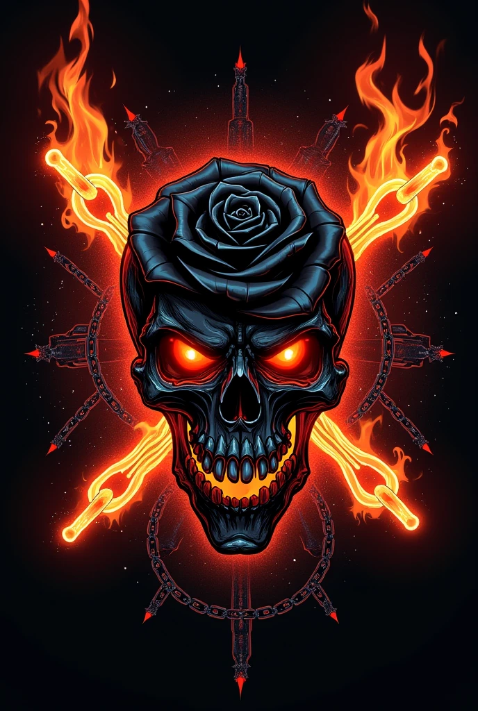 Logo, moto, black rose, fire, X-shaped spark plugs, motorcycle chain, demon hour, Skull, dorado