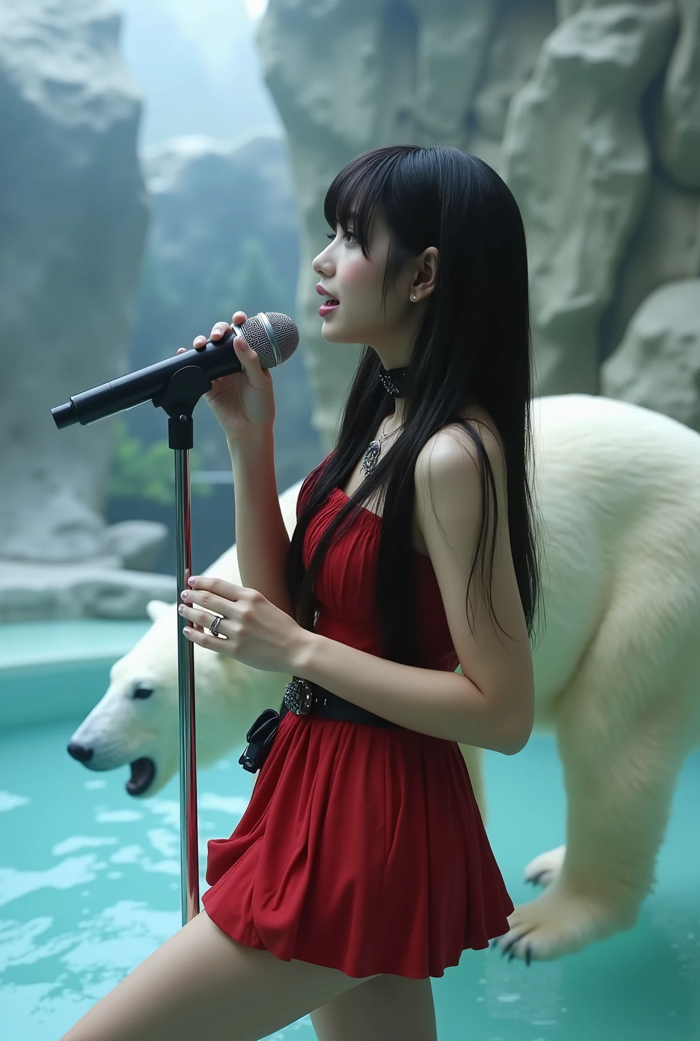 Create a realistic photograph of a beautiful Japanese female singer in a dynamic angle. She has a slender body, small bust, and thin legs, with long hair styled with bangs. She is wearing a red gothic mini dress and has gothic makeup. The scene captures her singing in front of a polar bear, set in a zoo with the polar bear's pool in the background during the daytime.