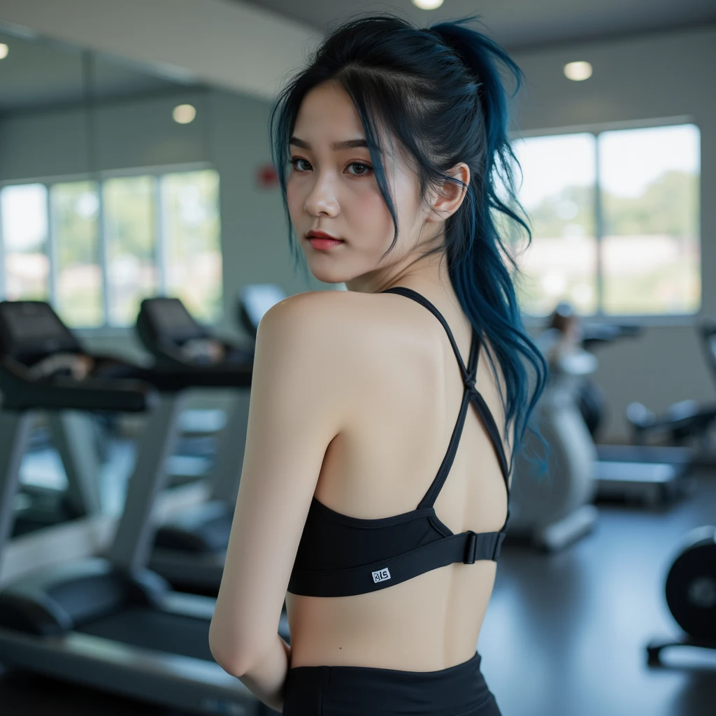 wince, longeyelashes, solid circle eyes, light smile, ear blush, dark blue hair, pout, seductive smile, Surrealism, drop shadow, anaglyph, stereogram, tachi-e, pov, atmospheric perspective, 8k, super detail, ccurate, best quality, UHD, masterpiece, gym outfit working out