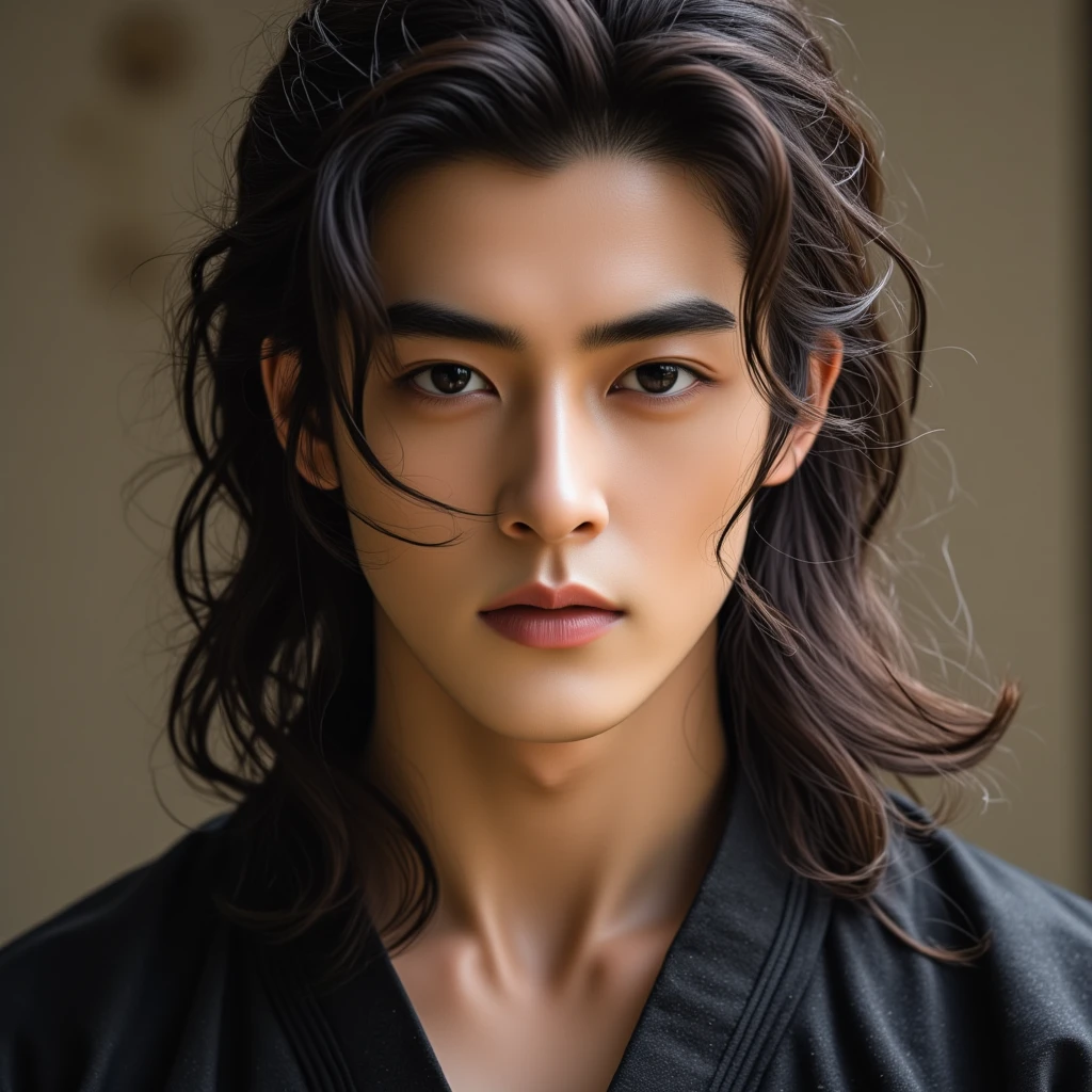 The image shows a handsome young man with very long black hair., suggesting a modern and well-groomed style. Your skin is brown, with an even and healthy tone, revealing a slight natural luminosity. He sports a thin, well-shaped mustache that complements his features., giving a touch of sophistication to your face.
Your eyes are slightly closed, with eyelids that suggest a state of relaxation or perhaps a soft smile, and lightly pulled, giving a mysterious and captivating appearance. The eyebrows are well defined, following the soft and serene expression on the face.
His overall expression is calm and gentle, with a slight smile that lights up your features, highlighting natural youth and beauty.