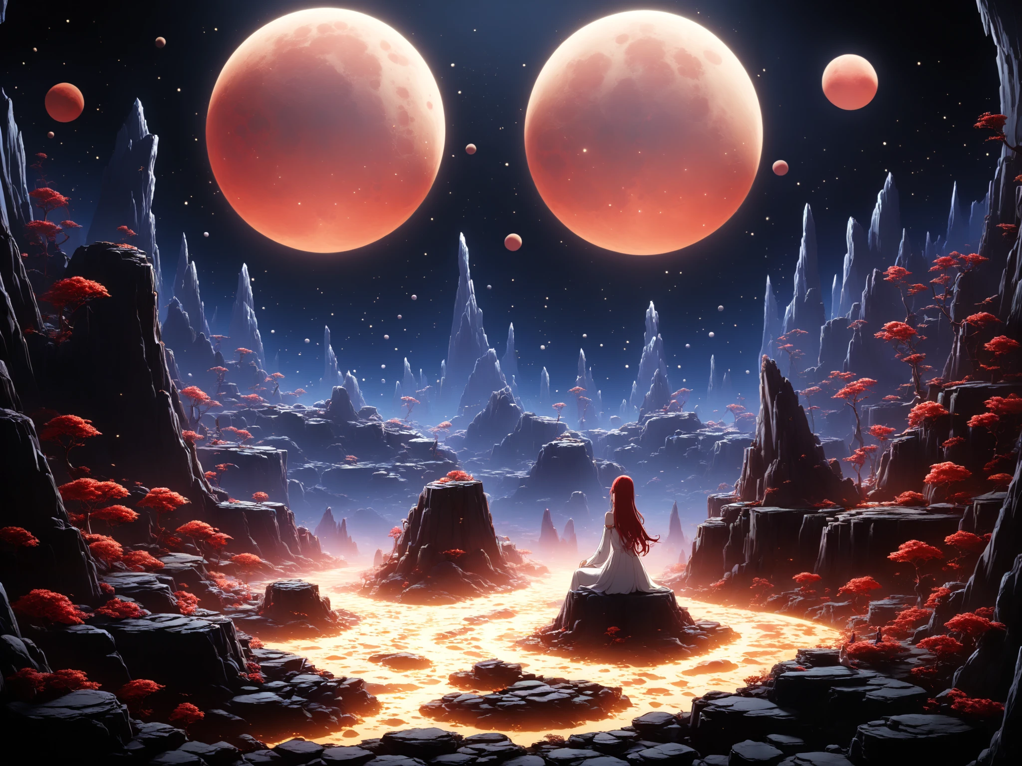 1 woman, golden eyes, red hair, long hair, white dress, elaborate dress, elaborate pattern, long sleeves, transparent sleeves, moon goddess, sitting on a rocky outcrop, cliff, at night, one hand stretched out to the sky, back view, turned away from the viewer, night sky, two full moons, gigantic full moons, one full moon is larger than the other, one full moon shines red (giant moon: 0.8), other full moon shines blue (giant moon: 1.3), BREAK masterpiece, best quality, very aesthetic, absurd, latest, cinematic, cinematic lighting, cinematic shadows, perfect eyes, clear eyes, very detailed eyes, cinematic composition, anime coloring, anime screenshot of jujutsu kaisen, perfect hands, perfekt anatomy