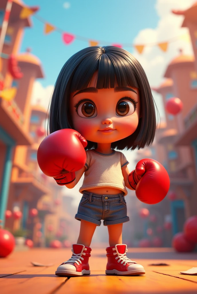 An athletic South Asian little girl, with protective gear and sports bra, proudly standing in a brightly lit boxing ring. She is fervently preparing for her match, throwing shadow punches with well-wrapped wrists and a determined look on her face. Meanwhile, an excited, diverse crowd has gathered around the ring. Their faces are filled with anticipation and they cheer her on, as bright spotlights illuminate the arena, further emphasizing the tension and intensity of the moment.