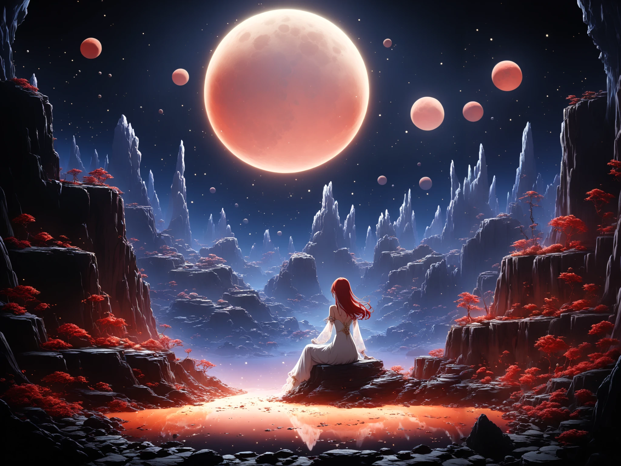 1 woman, golden eyes, red hair, long hair, white dress, elaborate dress, elaborate pattern, long sleeves, transparent sleeves, moon goddess, sitting on a rocky outcrop, cliff, at night, one hand stretched out to the sky, back view, turned away from the viewer, night sky, two full moons, gigantic full moons, one full moon is larger than the other, one full moon shines red (giant moon: 0.8), other full moon shines blue (giant moon: 1.3), BREAK masterpiece, best quality, very aesthetic, absurd, latest, cinematic, cinematic lighting, cinematic shadows, perfect eyes, clear eyes, very detailed eyes, cinematic composition, anime coloring, anime screenshot of jujutsu kaisen, perfect hands, perfekt anatomy