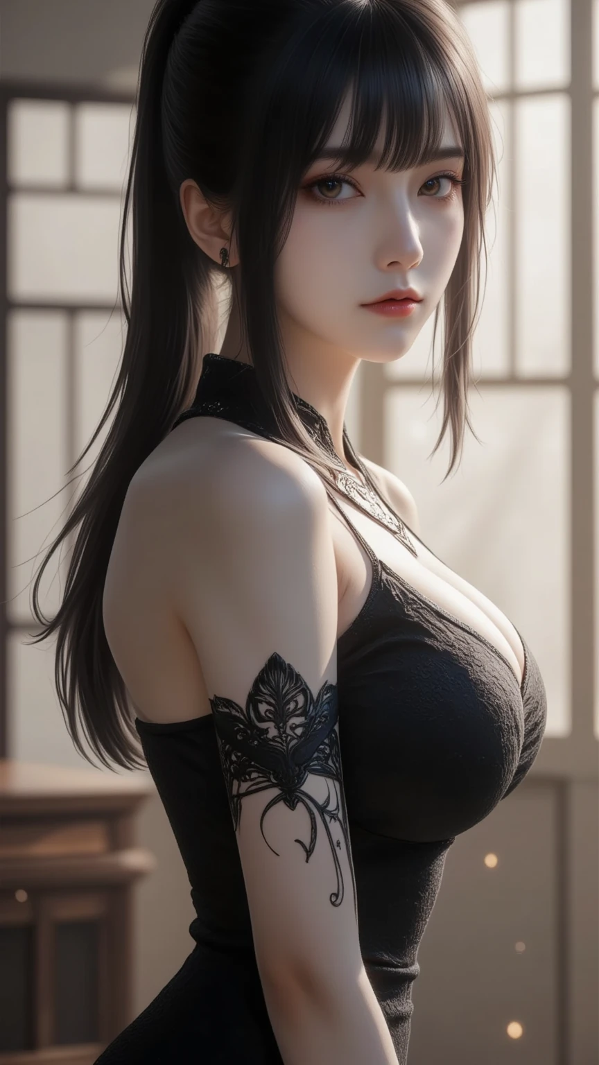 masterpiece, best quality, ultra-detailed, illustration,(1woman),beautiful detailed eyes, looking at viewer, close up, (breast focus), (from above:1.1), huge breasts, black tattoo, tattoo, chest tattoo, arm tattoo, rib tattoo, breast tattoo, cleavage tattoo, neck tattoo, shoulder tattoo, huge tattoo, (90’s anime style, 1.5)