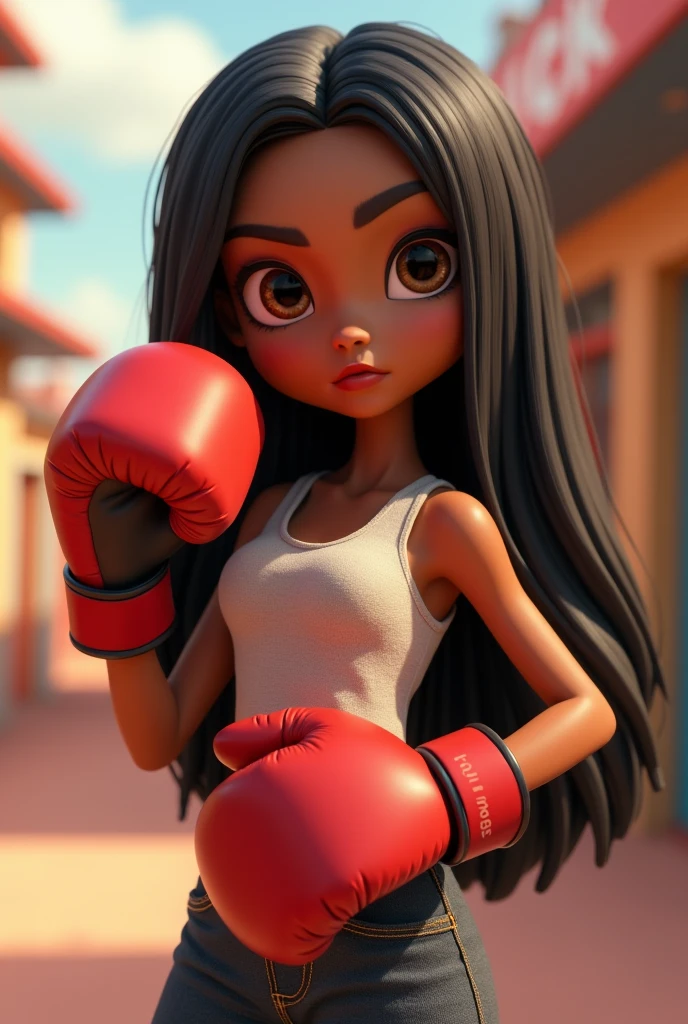  black skinned braid headed girl in blue bikini and blue boxing gloves  more realistic
