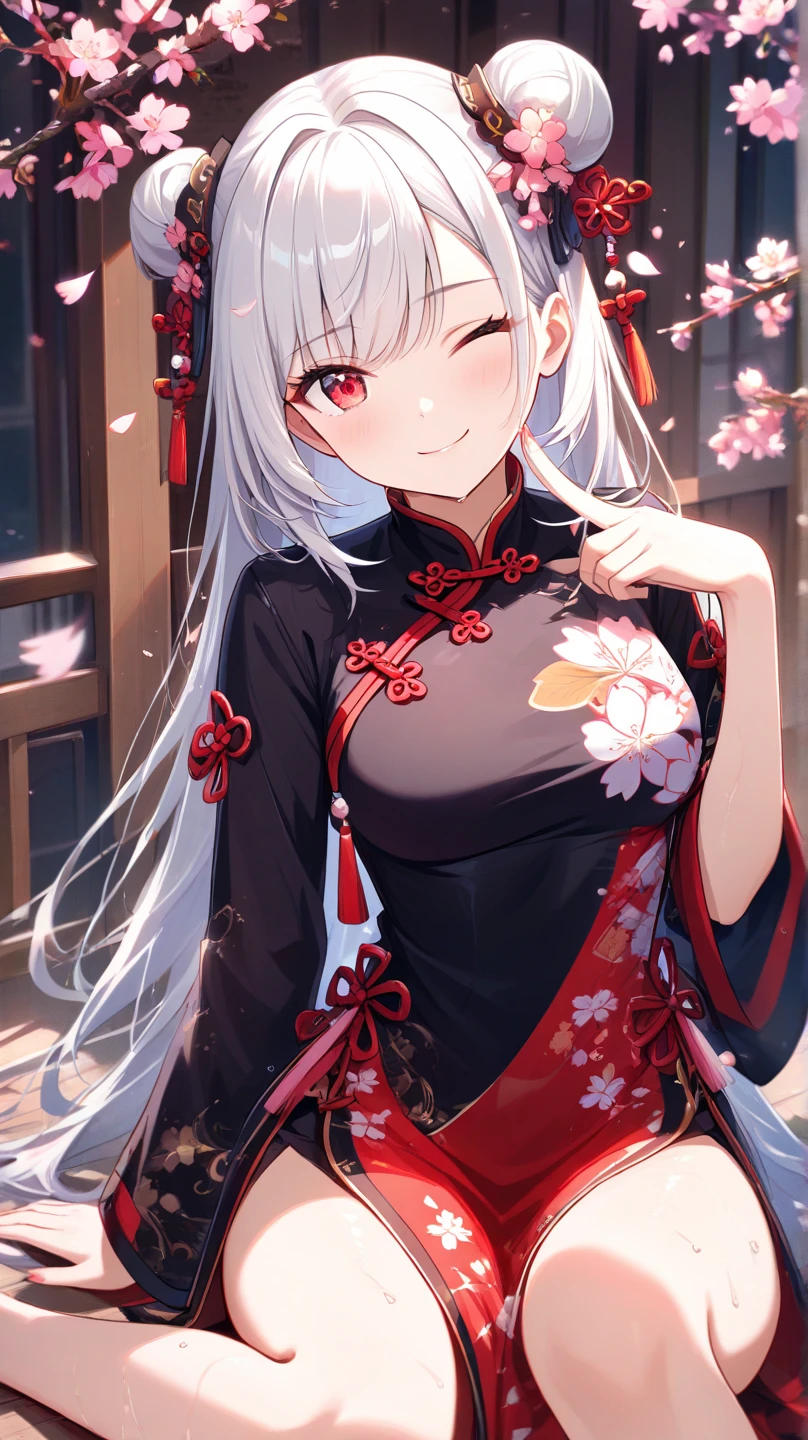 woman, red eyes, black long wavy hair, wearing flowers on her head. she smile. she is mature women. wear winter jacket. background in town. independent woman, her smile is mischievous