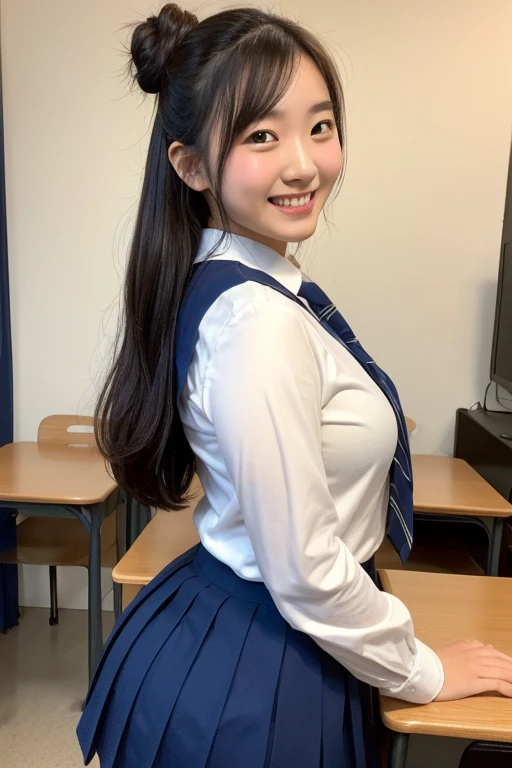 (Surreal Realism), (Awareness-raising), (High resolution), (8k), (Very detailed), (The best Awareness-raisingns), (Beautiful fine details), (highest quality), (Super detailed), (masterpiece), (wallpaper), (Detailed face), (Beautiful smile)、(Beautiful expression)、short hair、Bangs with earrings、Side bangs、solo、((Baby Face))、((Japan High School Summer Uniforms))(((Wear your summer sailor uniform)))、 (((Mid-breasted)))、((Dark blue pleated skirt))(Black knee-high socks:1.2)、 (((Attractive body)))、Slender body、Seductive Pose:1.4、Looking into the camera、School classroom、((Place your hands on the desk))、((A look that captivates the audience:1.3))Spread your legs wide,Drooling,race,panties,Cleavage