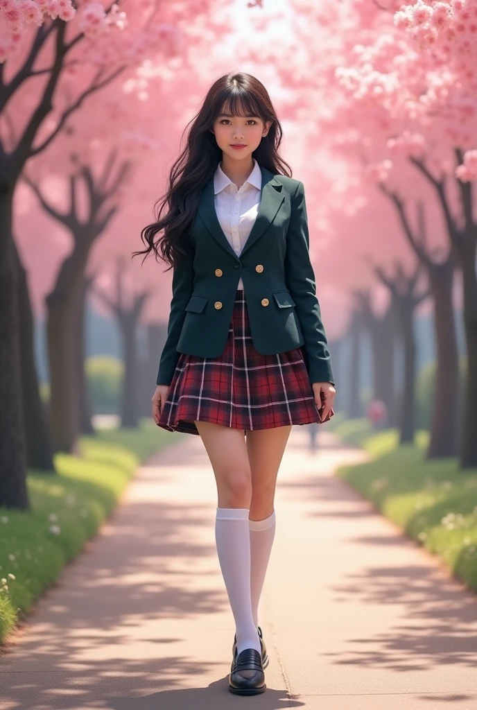 Schoolgirl in a suit with a pleated miniskirt, jacket and high-heeled sandals standing with her legs very open and full body in a park