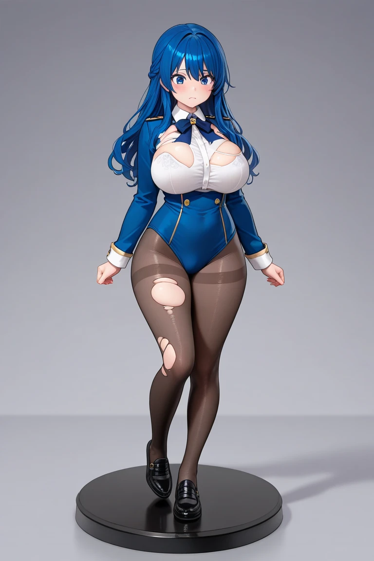 (8k, RAW photo, best quality, masterpiece:1.2), (intricate details), perfect eyes, perfect face, perfect lighting, beautiful, (masterpiece:1.2), (best quality:1.2), 1girl, solo, Marinette, blue hair, (( loosen hair, bangs )), adult torso, 19 years old, smirking, huge sized breasts, (short red pirate dress), pirate hat, cowboy shot, 3DMM, seated, front view