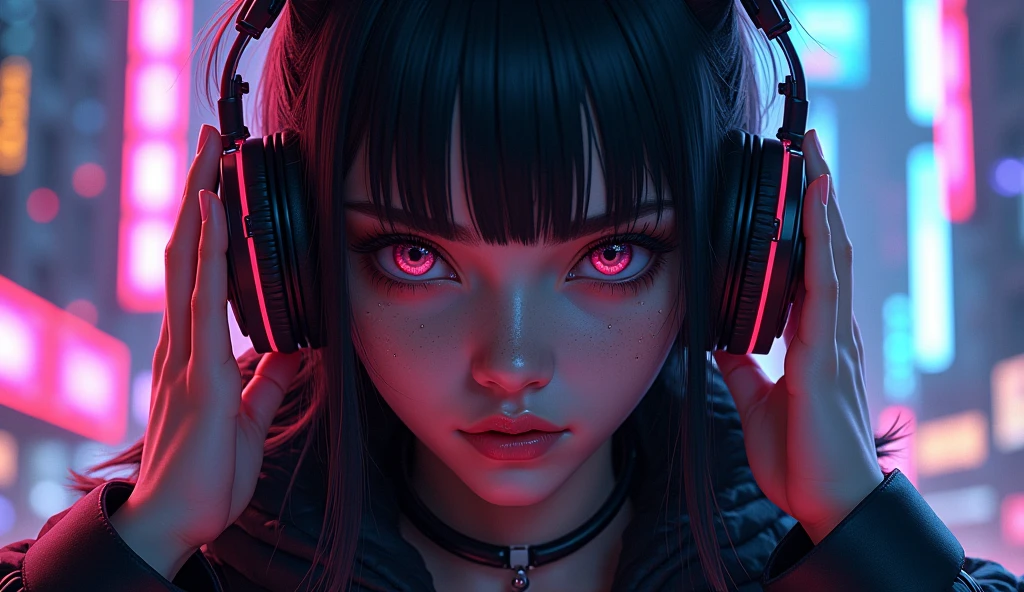 Create a girl with long black hair with violet tones and make her eyes yellow, that is thin and pretty that has a smile along with a gothic style, that your skin is light and you have purple headphones