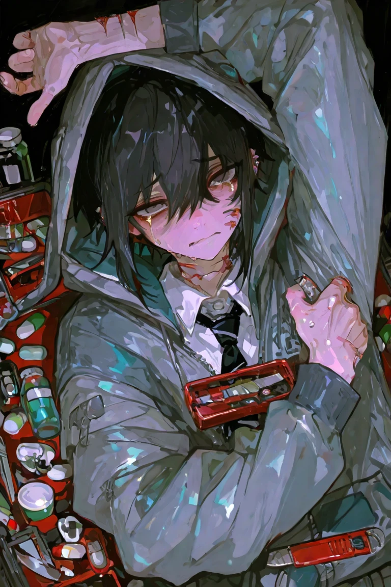 , vampire male, high quality,cyberpunk style, male,wearing round glasses, sci-fi, anime vampire boy, ((white purple Black mixed hair)), half red half purple eyes, wearing round glasses, silver cross necklace, black rings, fangs, smile, wearing a big cybercoatwith different lighting in it , long big cybernetic scythe, outside, cyberpunk city, red black purple lighting