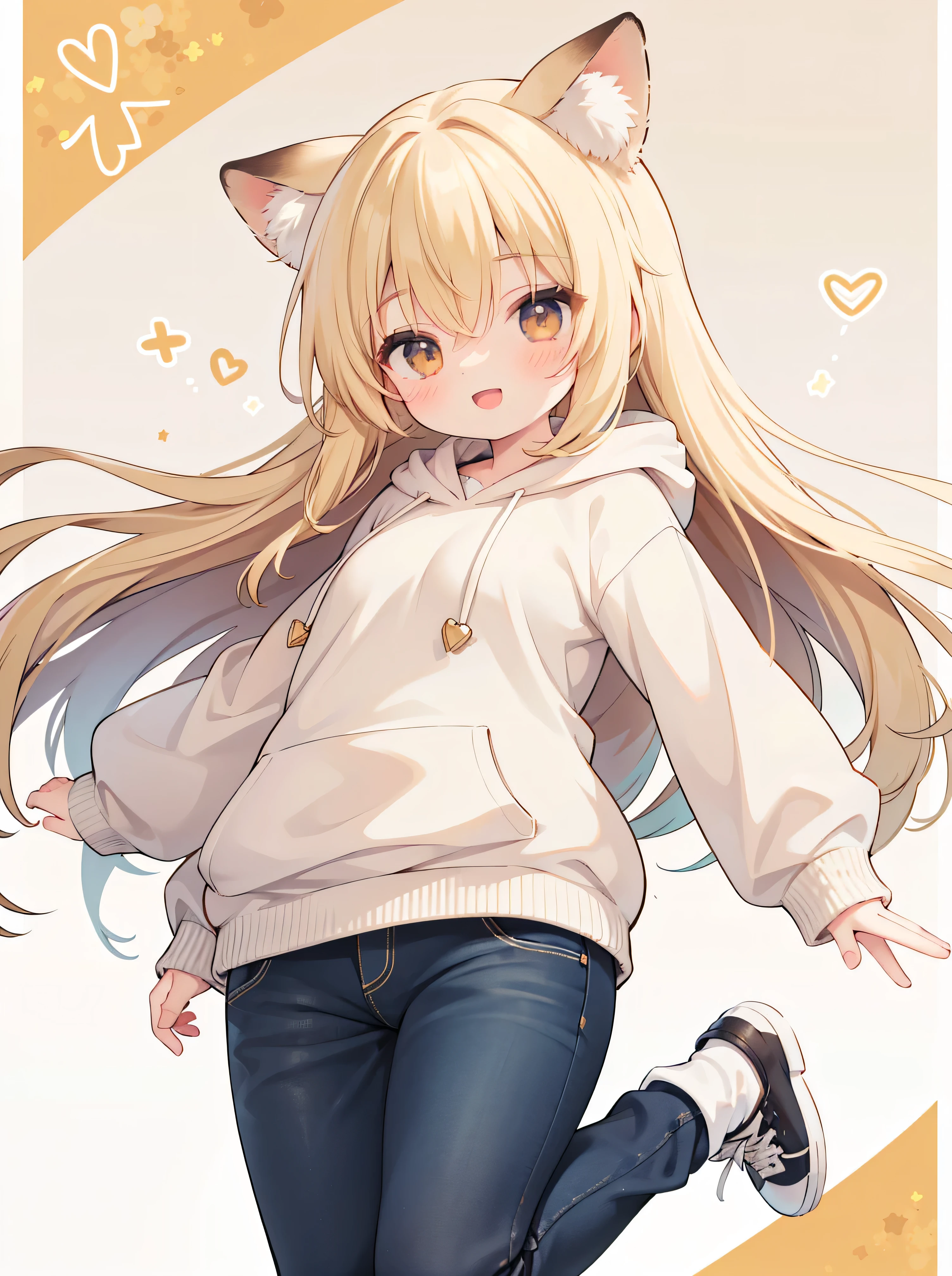 extremely detailed , uniform CG-8K background image, very nice 8kcg background pictures , Huang Li,ads on , best quality ,ultra detailed , nice face , Meisterwerk、 Meisterwerk, erstklassig, 1 girl in, A girl jumps, best quality , 1 girl in, ”} ”} The explosion , , , Allein, Start-up, ssmile, with an open mouth, very sweet smile, looks at the viewer , wide arms ,sand-colored sweater with hood, giraffe ears , long blonde hair , Jeans, Longer sleeve sneaker ,, Durch Pony,, brown eyes, :D, long flying blonde hair, hair between eyes ,Jump up ,