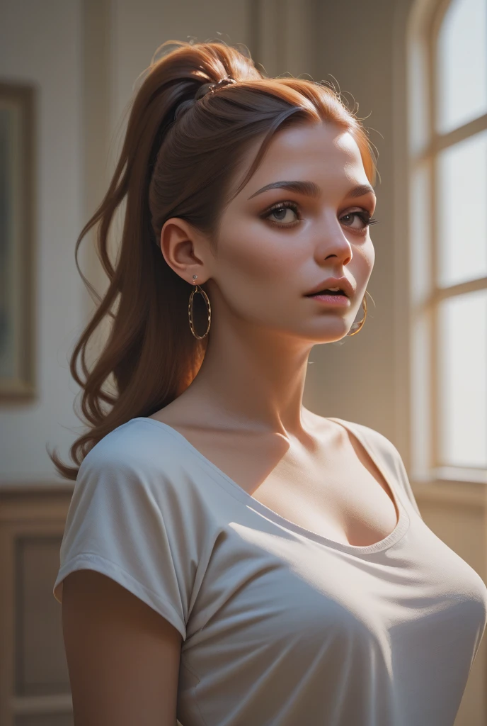 headshot of S407_OksiRoxi,a stylish woman,in a (cafe:1.1),wearing a (polo-shirt:1.1),(updo-hair),(4k, RAW photo, best quality, 50mm, depth of field, ultra high res:1.1),(intricate, photorealistic, cinematic-shot, masterpiece, ultra-detailed:1.1),