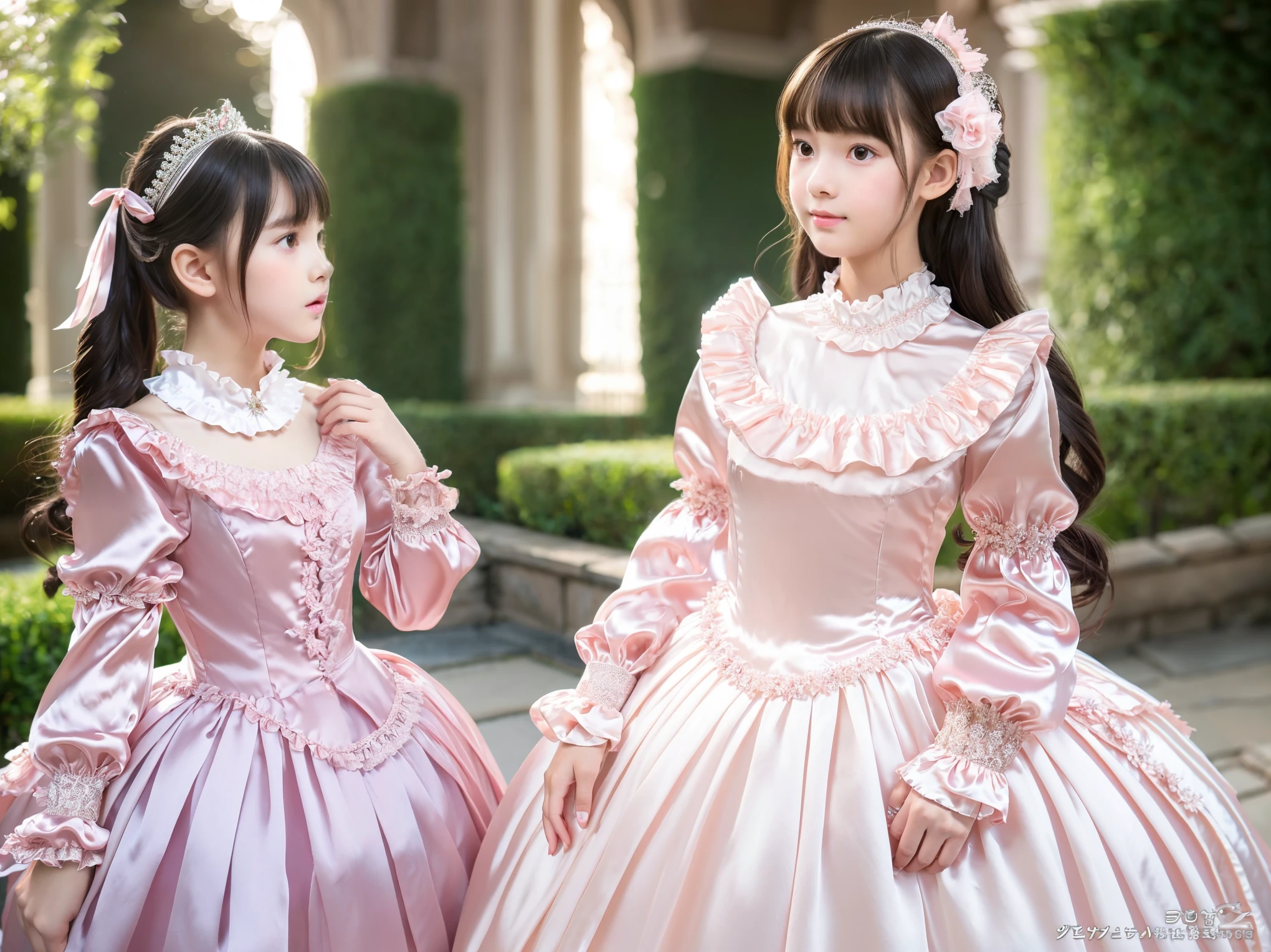 ,highest quality, masterpiece, highest resolution, artwork, super それにget used to it, many get used to it, get used to it, それにget used to it, 3K realistic photos,,((ten year old young girls:1.1)),((short body height:1.2)),Super detailed baby face,They are princesses,Full length ball gown dress with hoop skirt,ruffled yoke collar,puff sleeves,long sleeve,((ta style pastel colors detailed princess satin dress、Comes with lots of frills and ribbons。)),rococo loliashion,((shiny silk satin dress)),Soft and smooth fabric,luxury,long hair,,,pajamas,((inside the palace)),