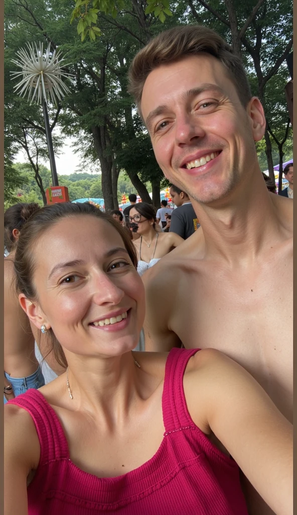 A thin man but with muscles, with white hair and a tattoo on his left arm and a mole below the left nostril. He is holding hands with a chubby woman with black hair, braces, and glasses. The woman has no tattoos. Both of them appear young, the man 23 and the woman 16.